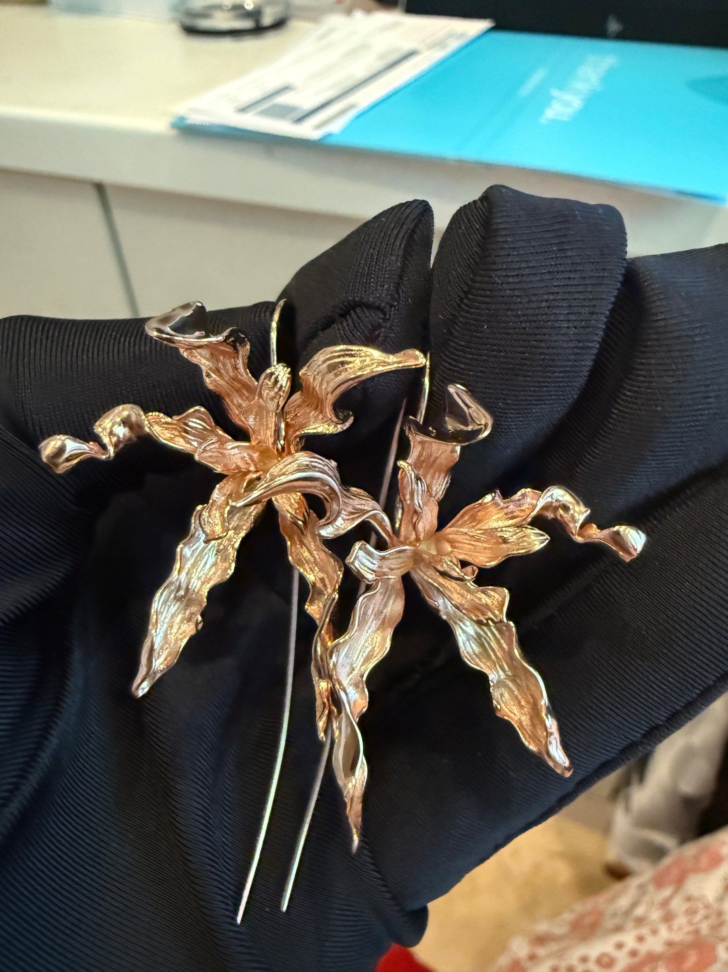 Meticulous: Schomburgkia Rose Gold Orchid Flower Dangle Earrings
