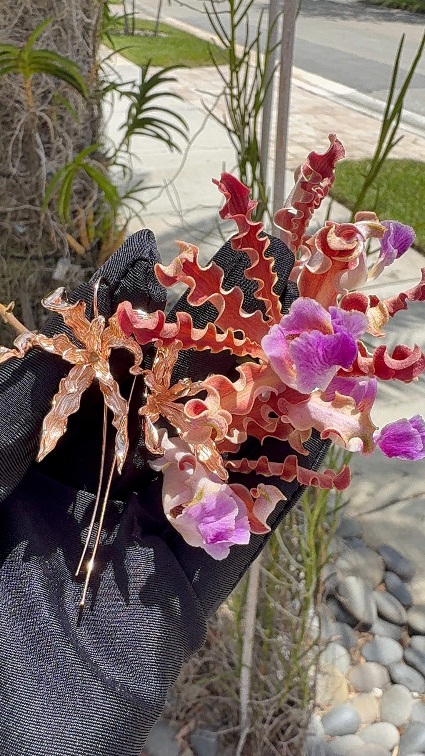 Meticulous: Schomburgkia Rose Gold Orchid Flower Dangle Earrings