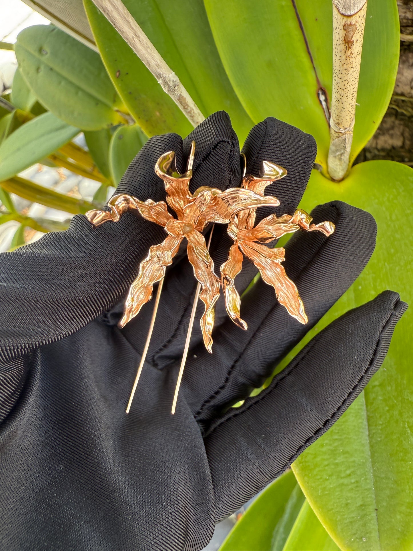 Meticulous: Schomburgkia Rose Gold Orchid Flower Dangle Earrings
