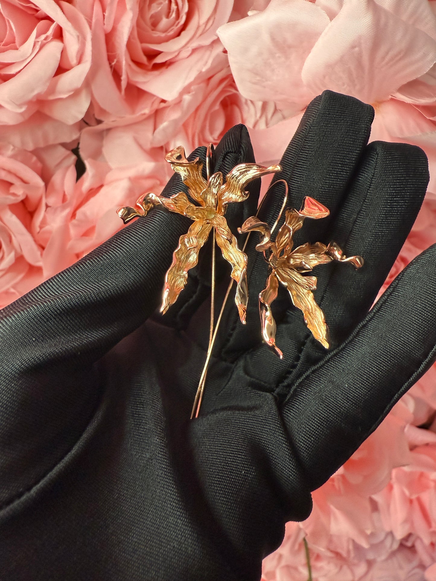Meticulous: Schomburgkia Rose Gold Orchid Flower Dangle Earrings