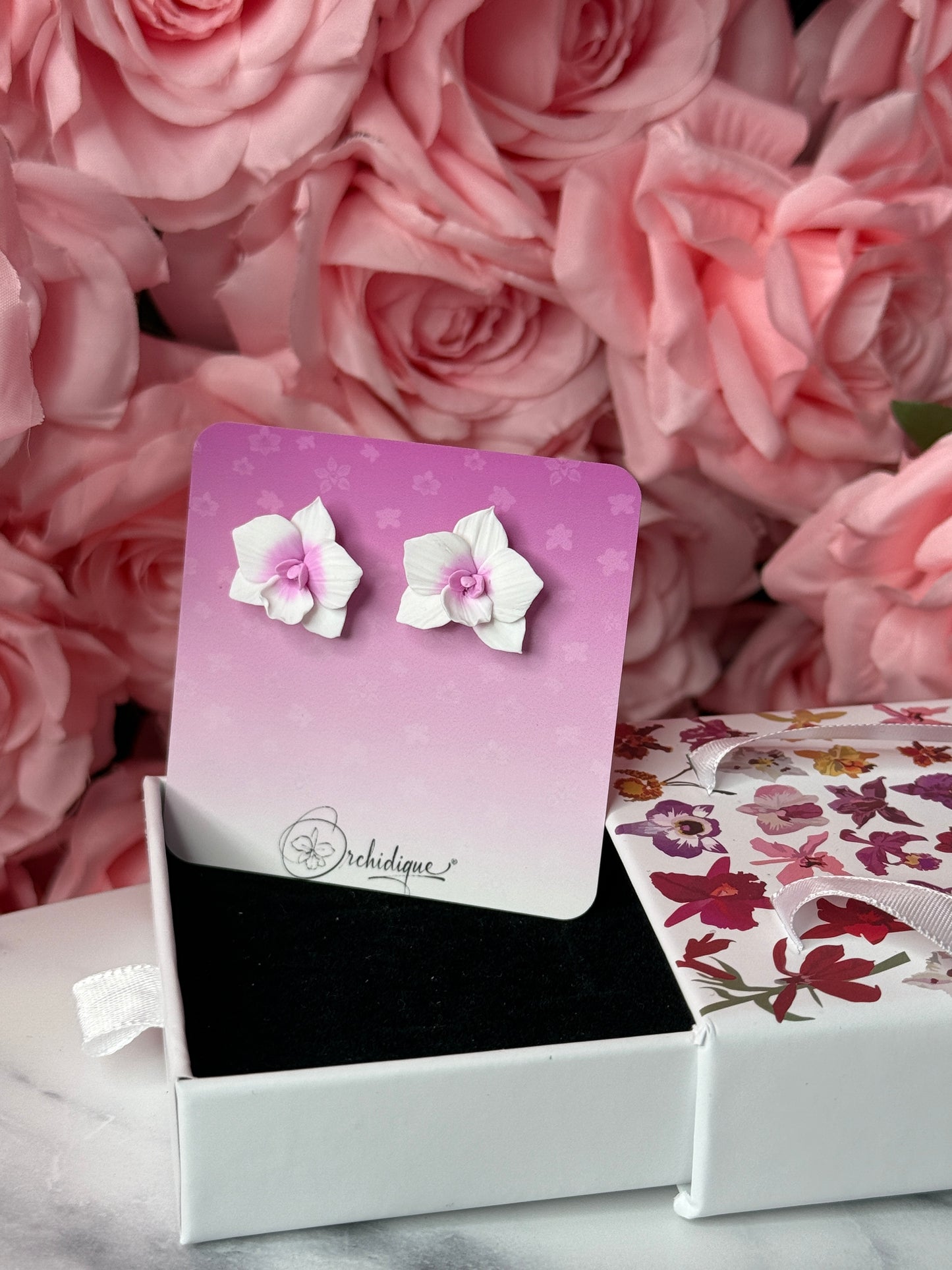 Whimsical Collection: White and Pink Phalaenopsis Orchid Earrings - Orchidique