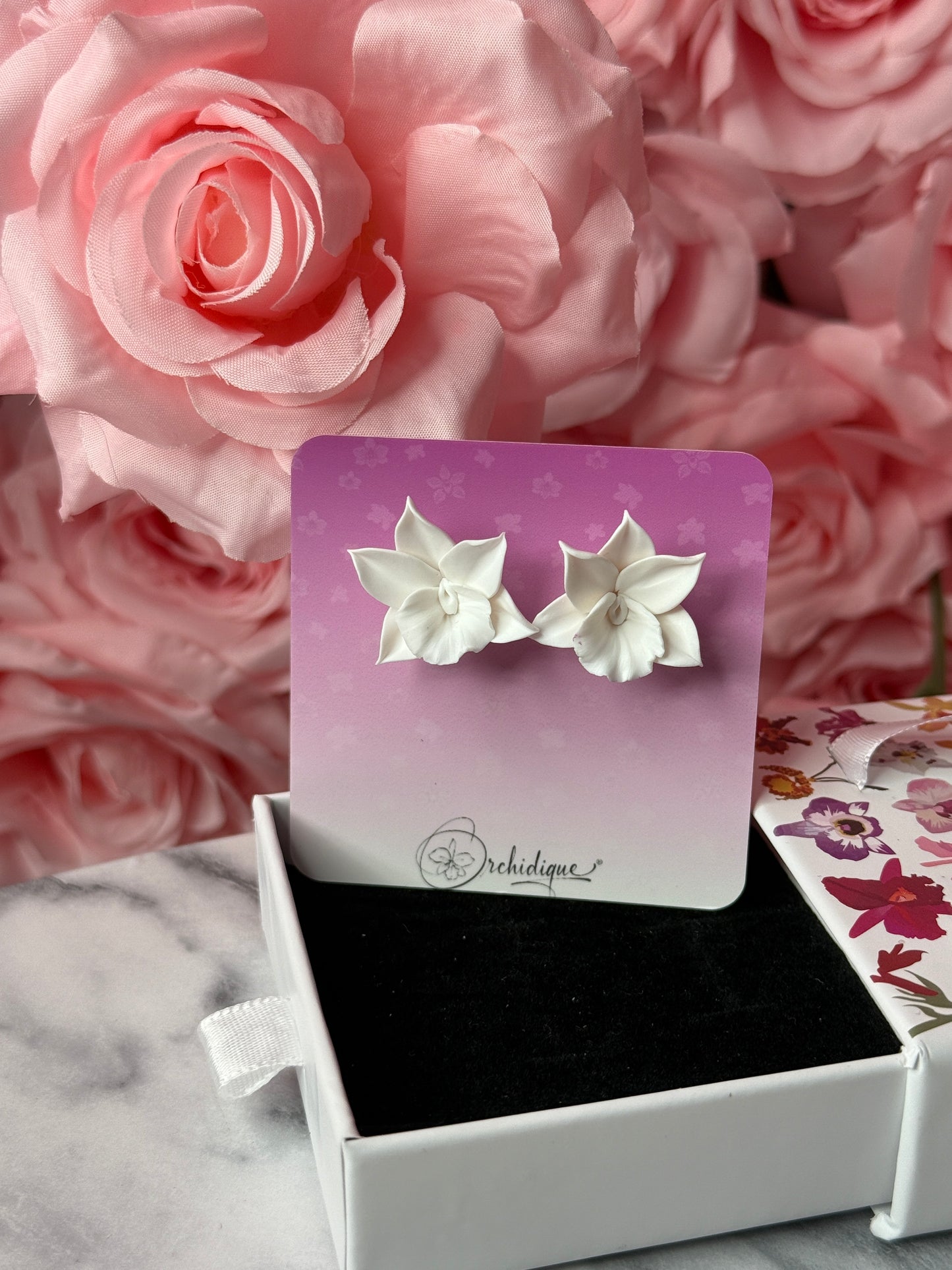 Handmade Orchid Collection : White Cattleya Flower Earrings - Orchidique