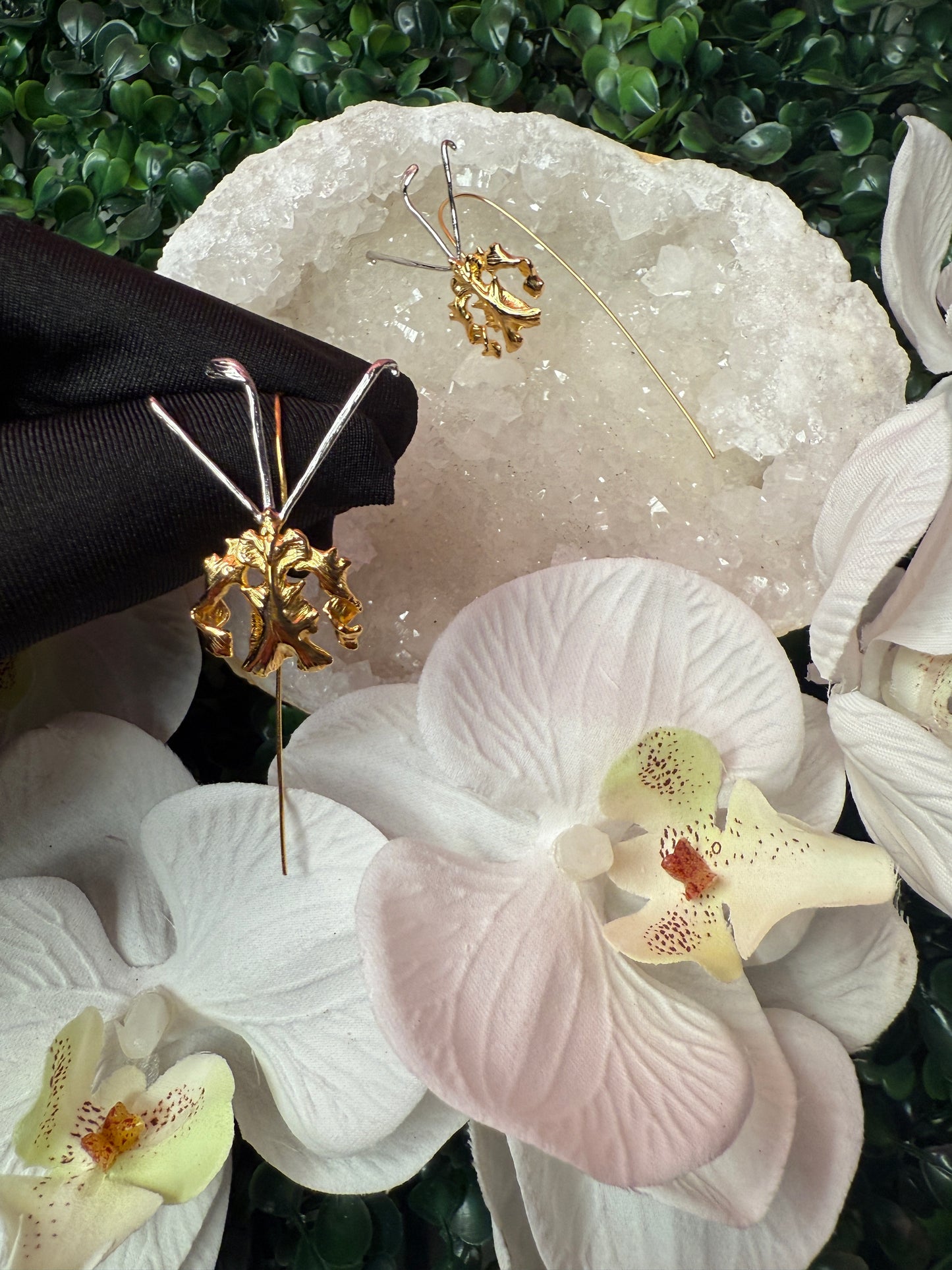 La Mariposa: Two Tone Butterfly Orchid Earrings Rose Gold Gold Sterling Silver Dangle