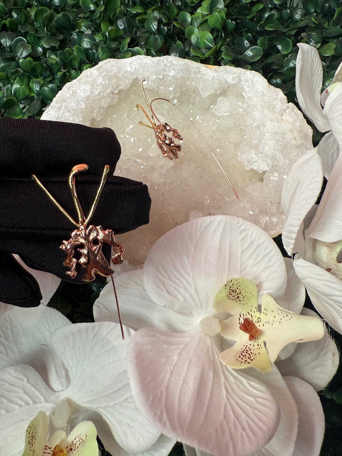 La Mariposa: Two Tone Butterfly Orchid Earrings Rose Gold Gold Sterling Silver Dangle