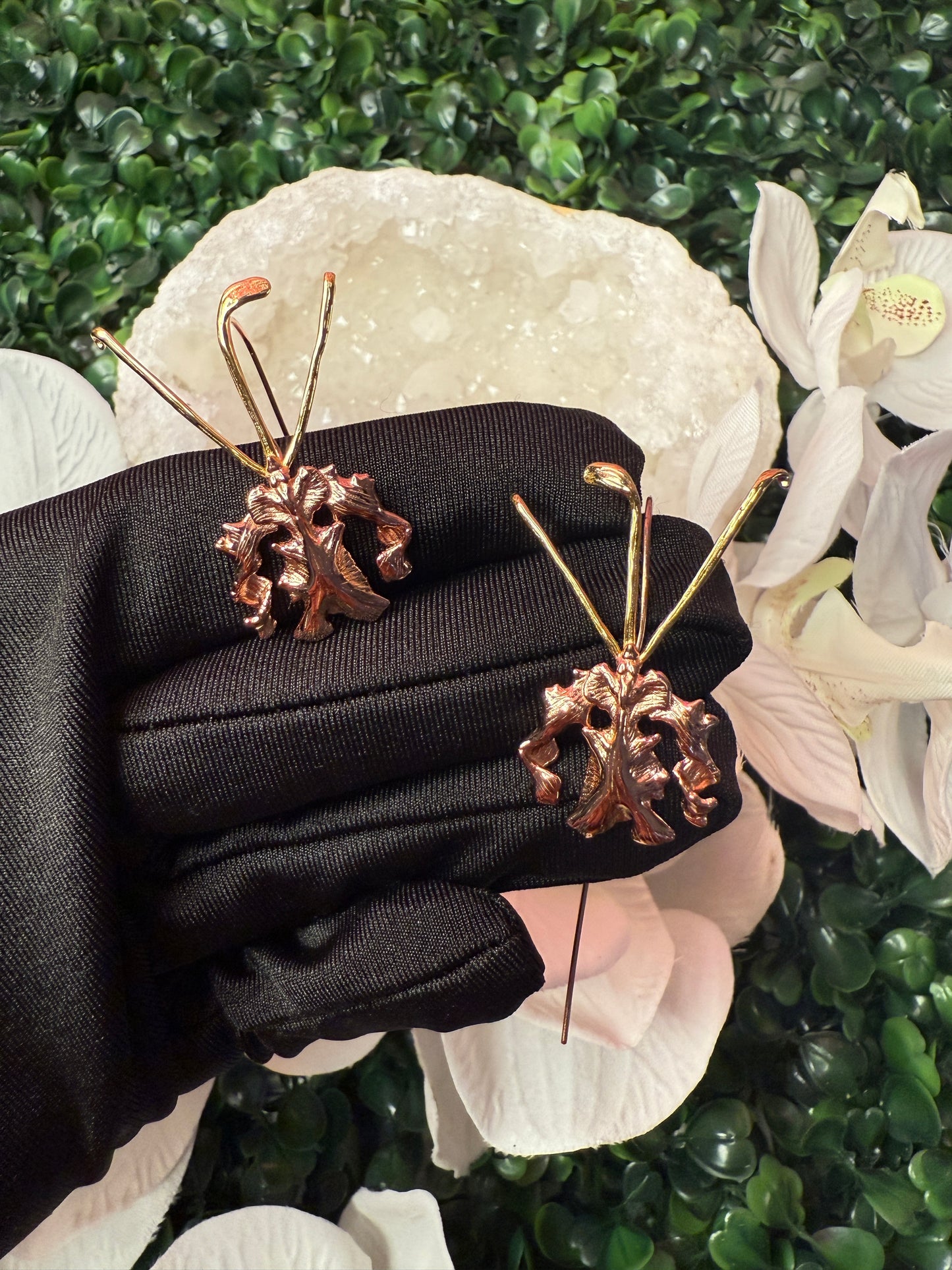 La Mariposa: Two Tone Butterfly Orchid Earrings Rose Gold Gold Sterling Silver Dangle