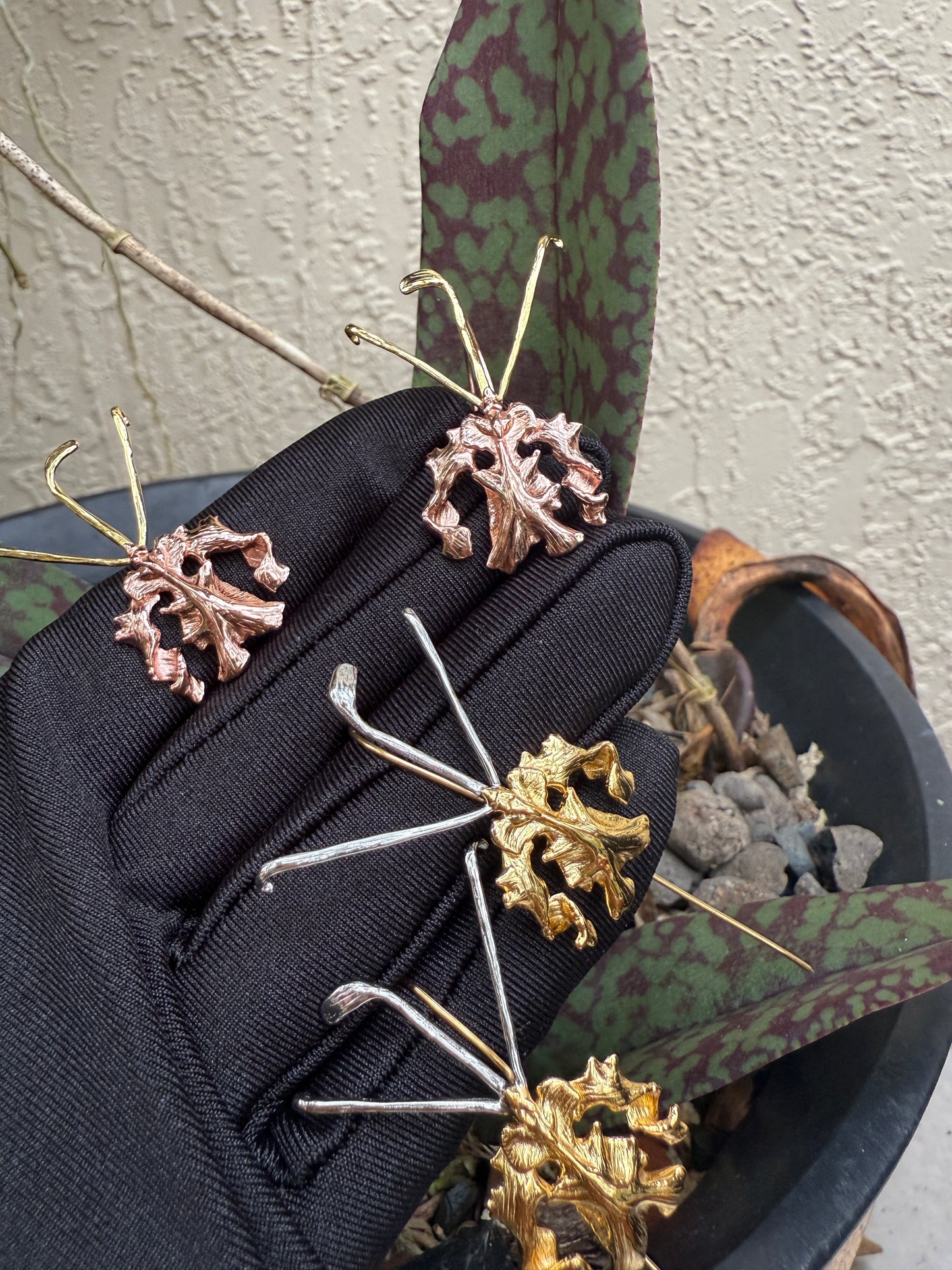 La Mariposa: Two Tone Butterfly Orchid Earrings Rose Gold Gold Sterling Silver Dangle