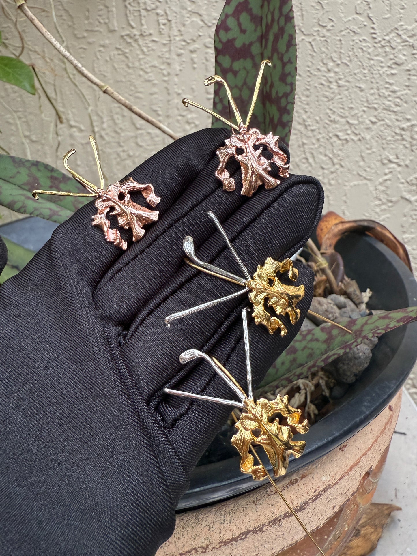 La Mariposa: Two Tone Butterfly Orchid Earrings Rose Gold Gold Sterling Silver Dangle