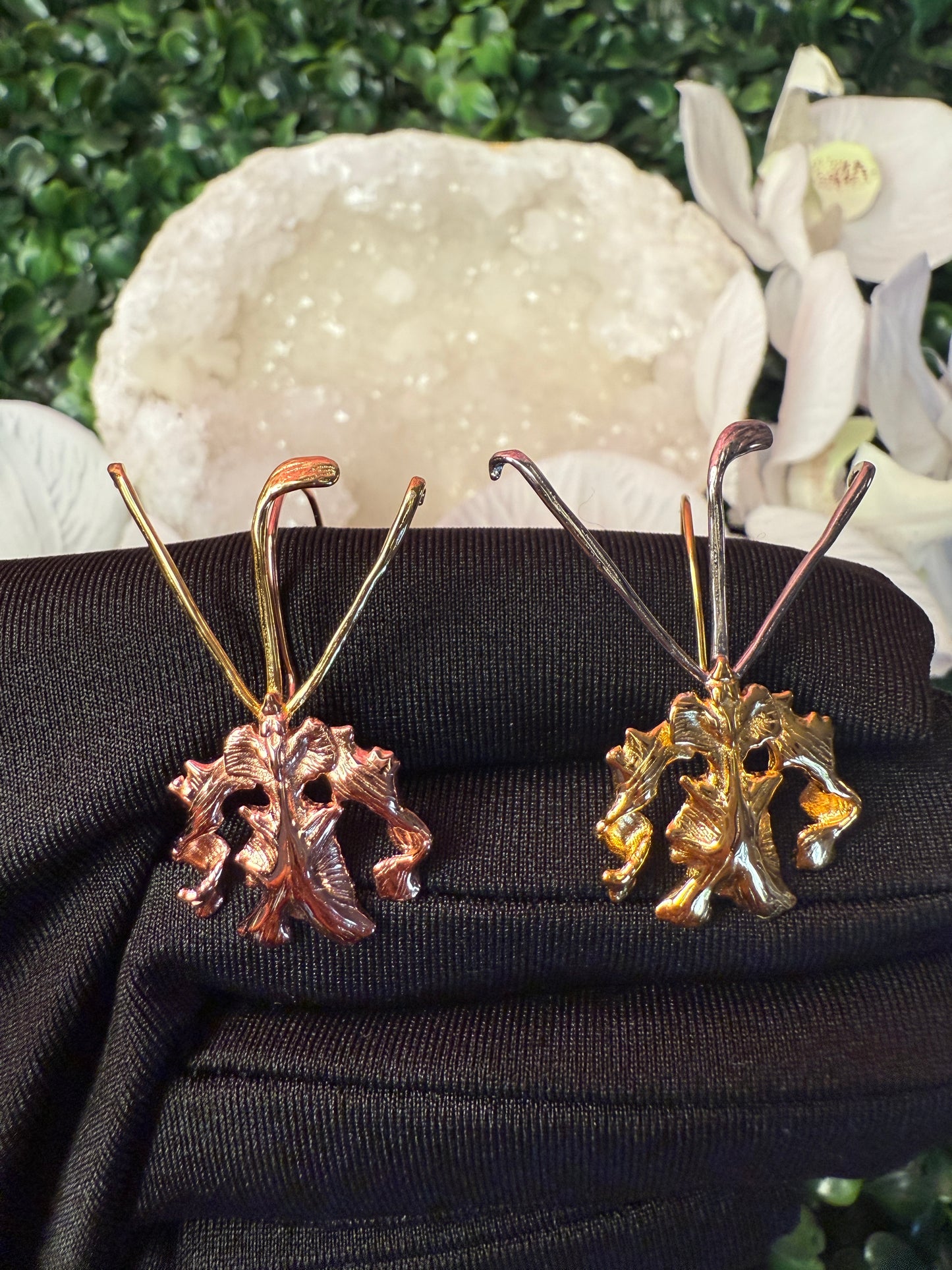 La Mariposa: Two Tone Butterfly Orchid Earrings Rose Gold Gold Sterling Silver Dangle