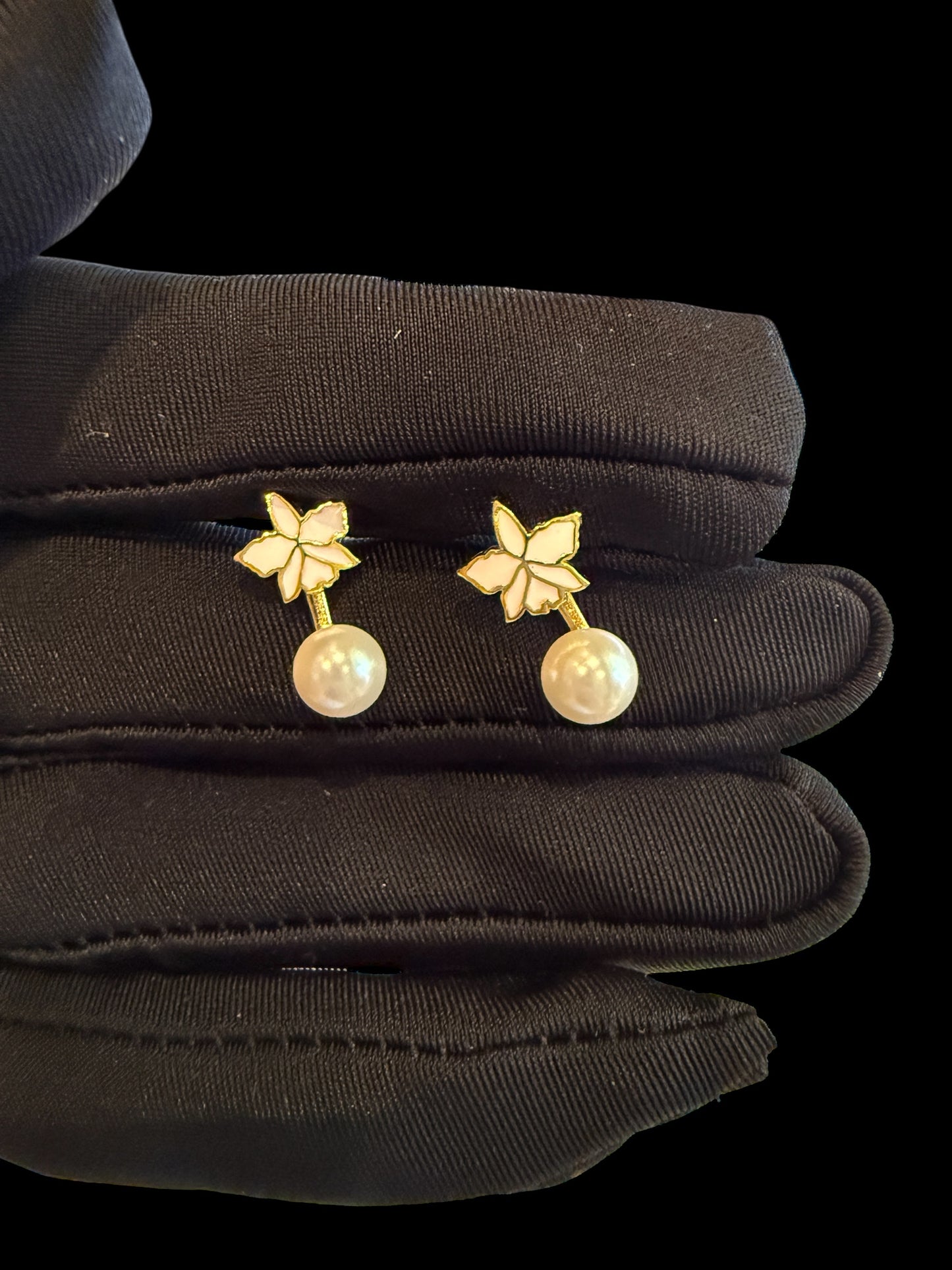 Signature White Cattleya Earrings, Classic Pearl Jacket Stud, 18k Gold Plated
