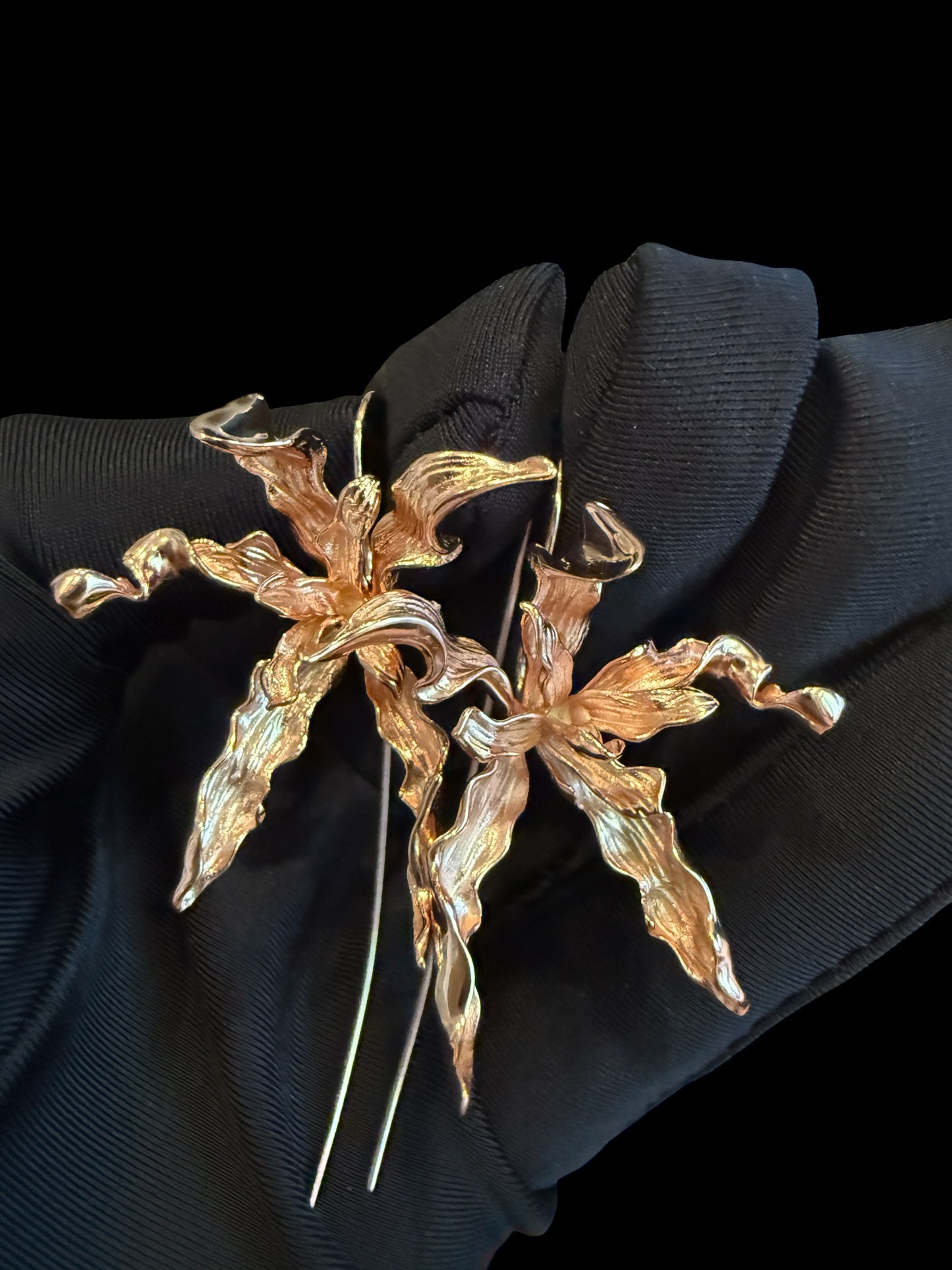 Meticulous: Schomburgkia Rose Gold Orchid Flower Dangle Earrings