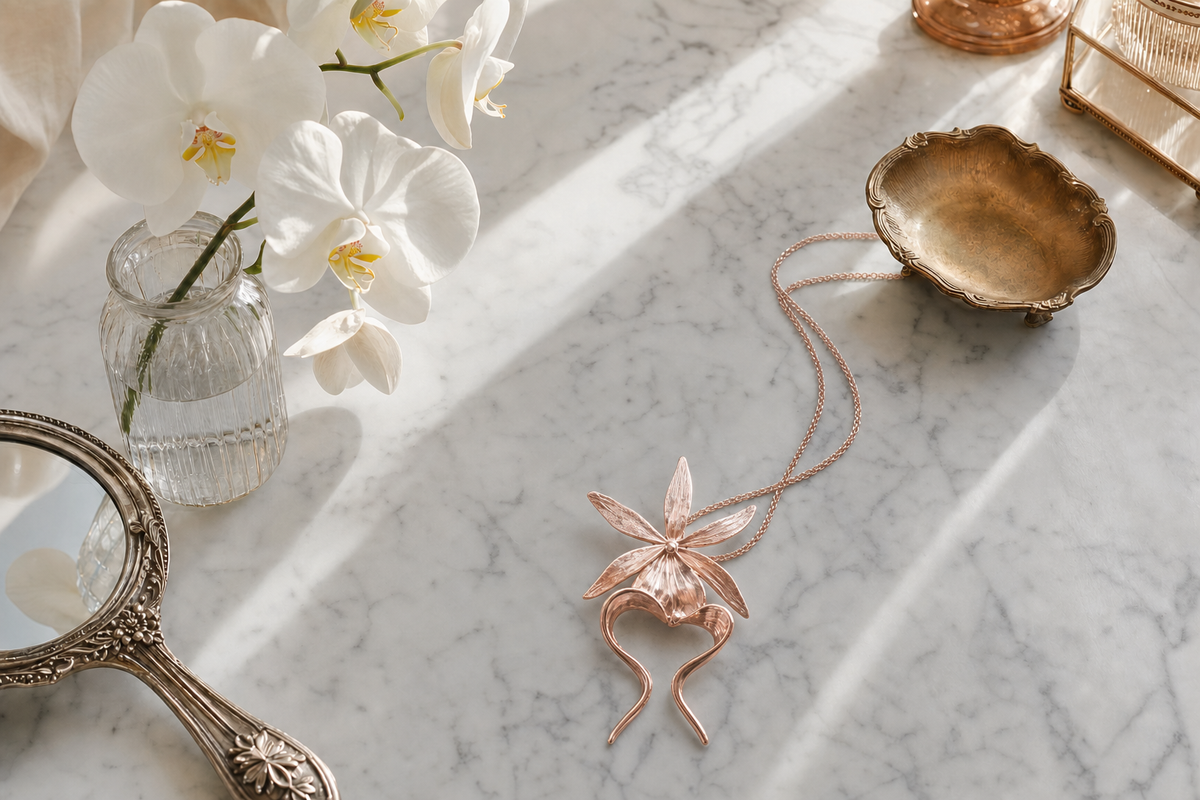 Ghost Orchid Pendant Necklace • Rose Gold • 925 Silver • Dendrophylax Orchid Jewelry - Orchidique