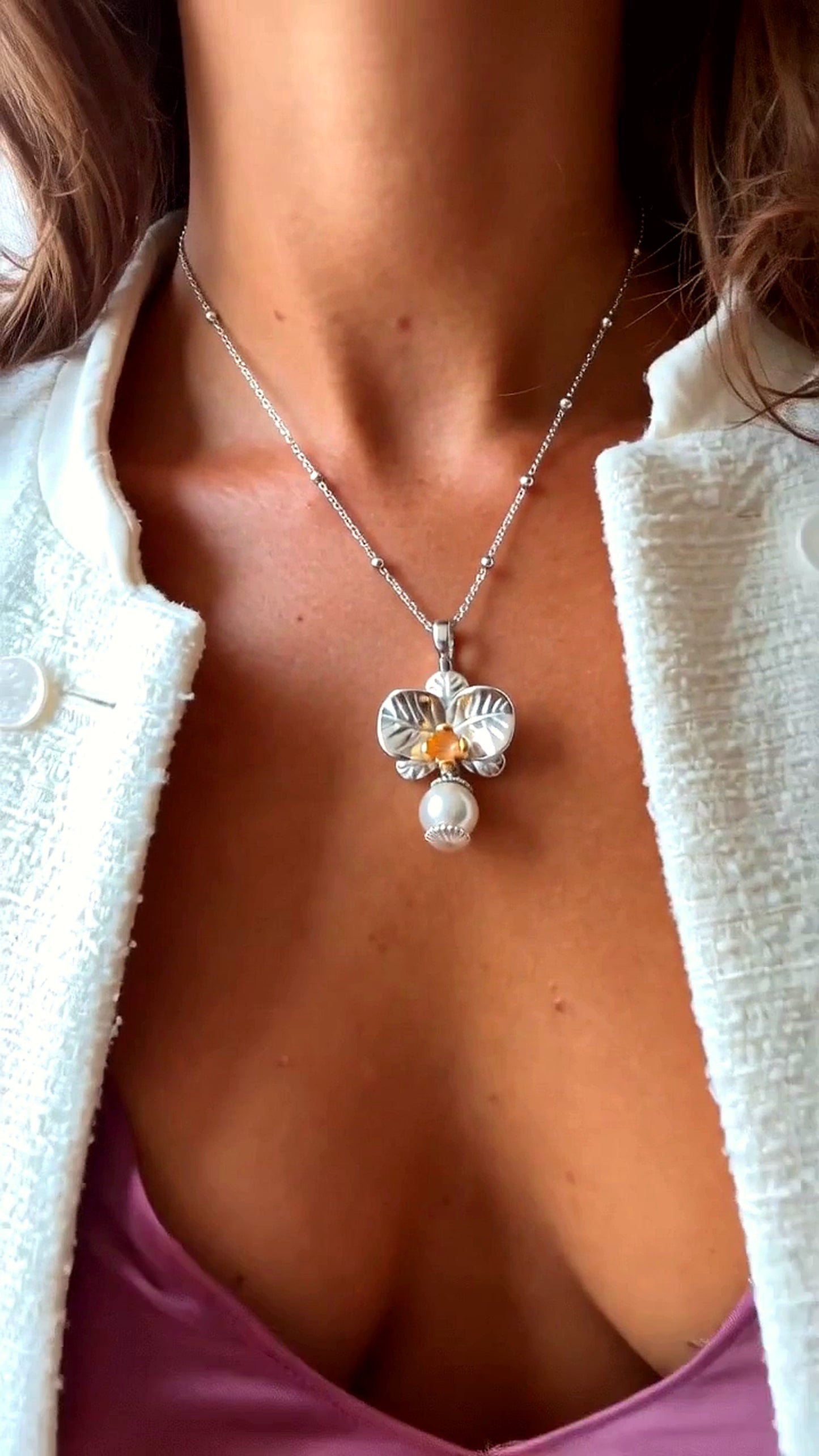 Orchid Pearl Drop Earrings • Phalaenopsis Necklace • Gold Plated