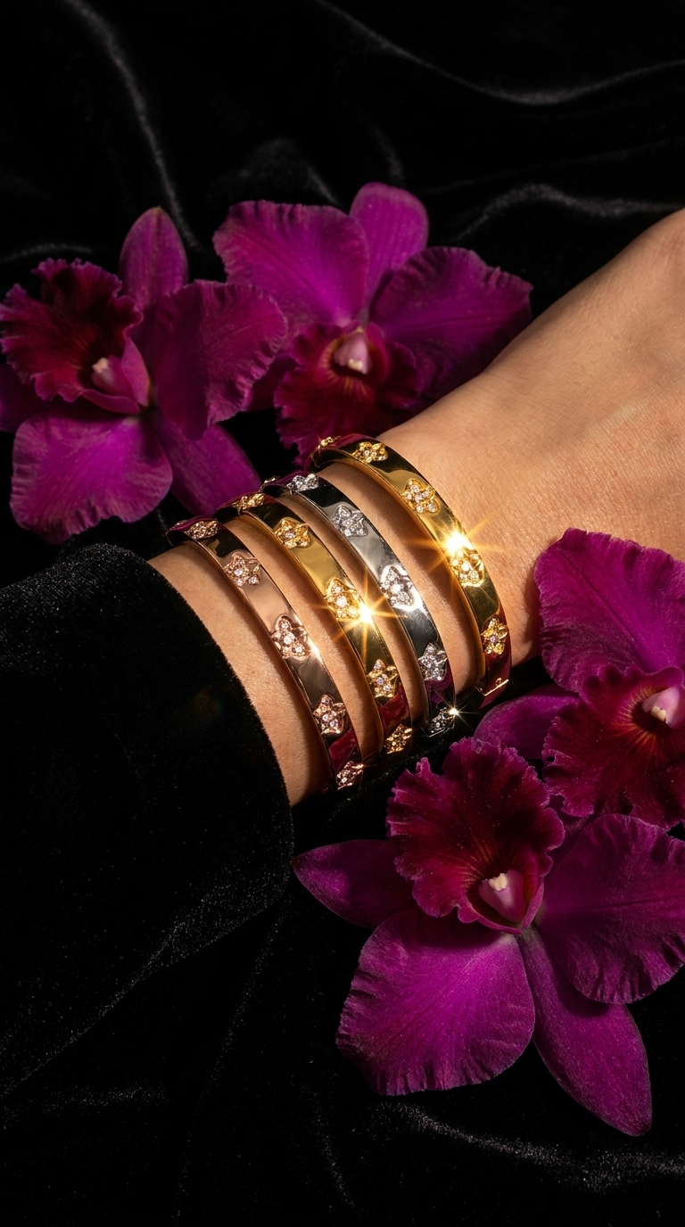 Synchrony Aloha: Cattleya Tri-Color Overlay Bangle | Gold Plated- Tarnish Free Bracelet - Orchidique