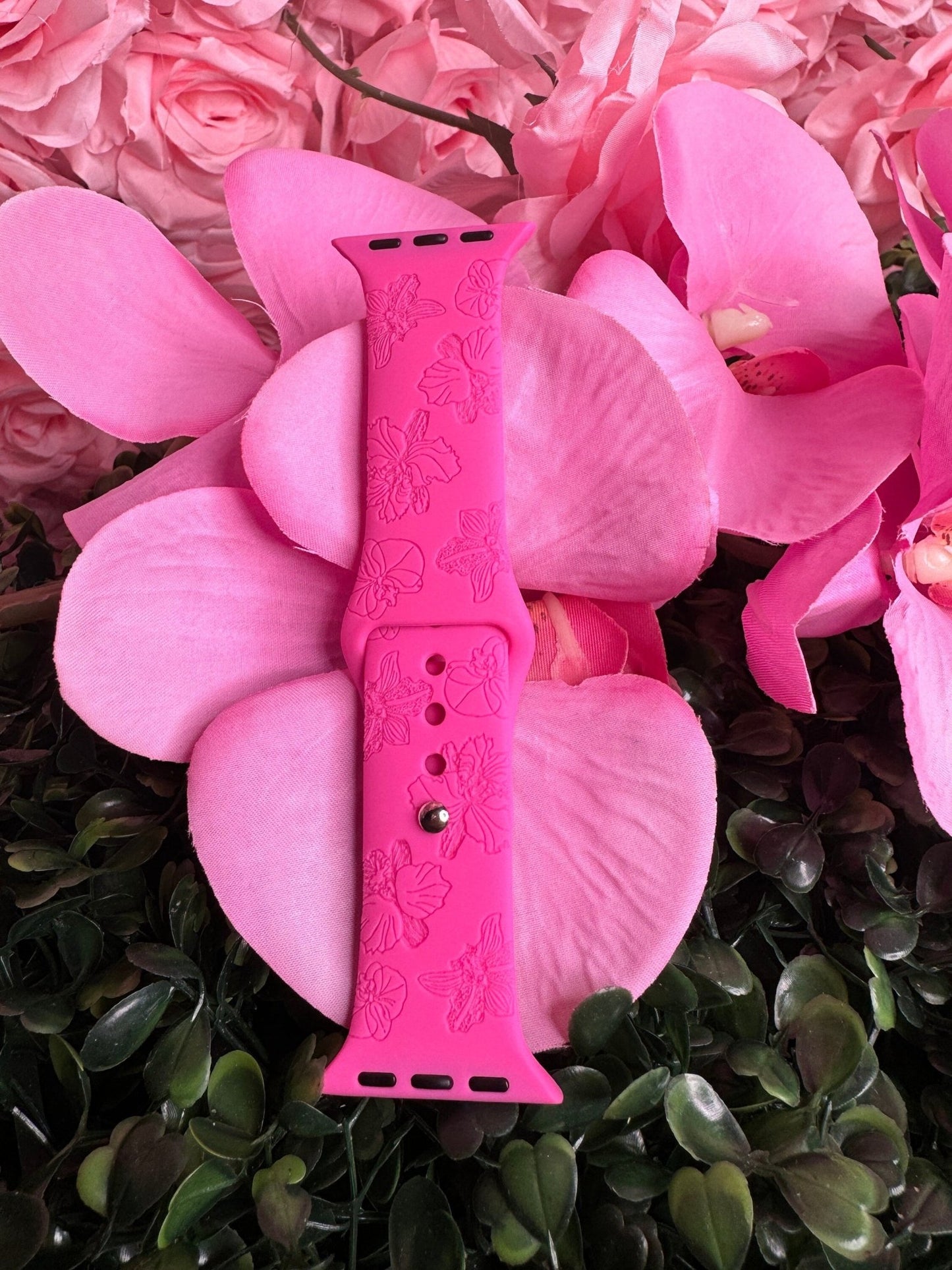 Hot Pink Orchid Engraved Apple Watch Band • Silicone Floral Watch Strap • Floral Watch Band • Gift for Orchid Lovers - Orchidique