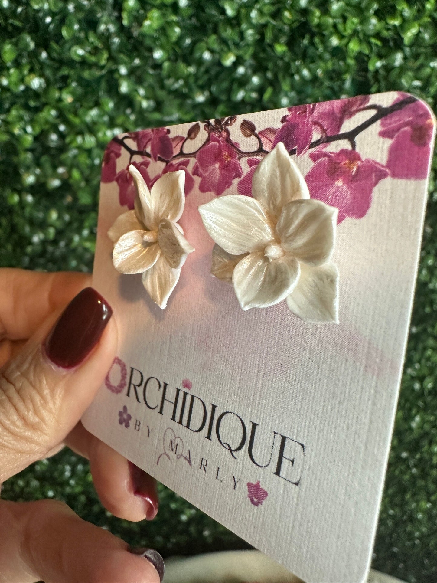 White Pearl Cattleya Orchid Studs • Unique Handmade Floral Earrings • Bridesmaid Gift• Flower Earrings