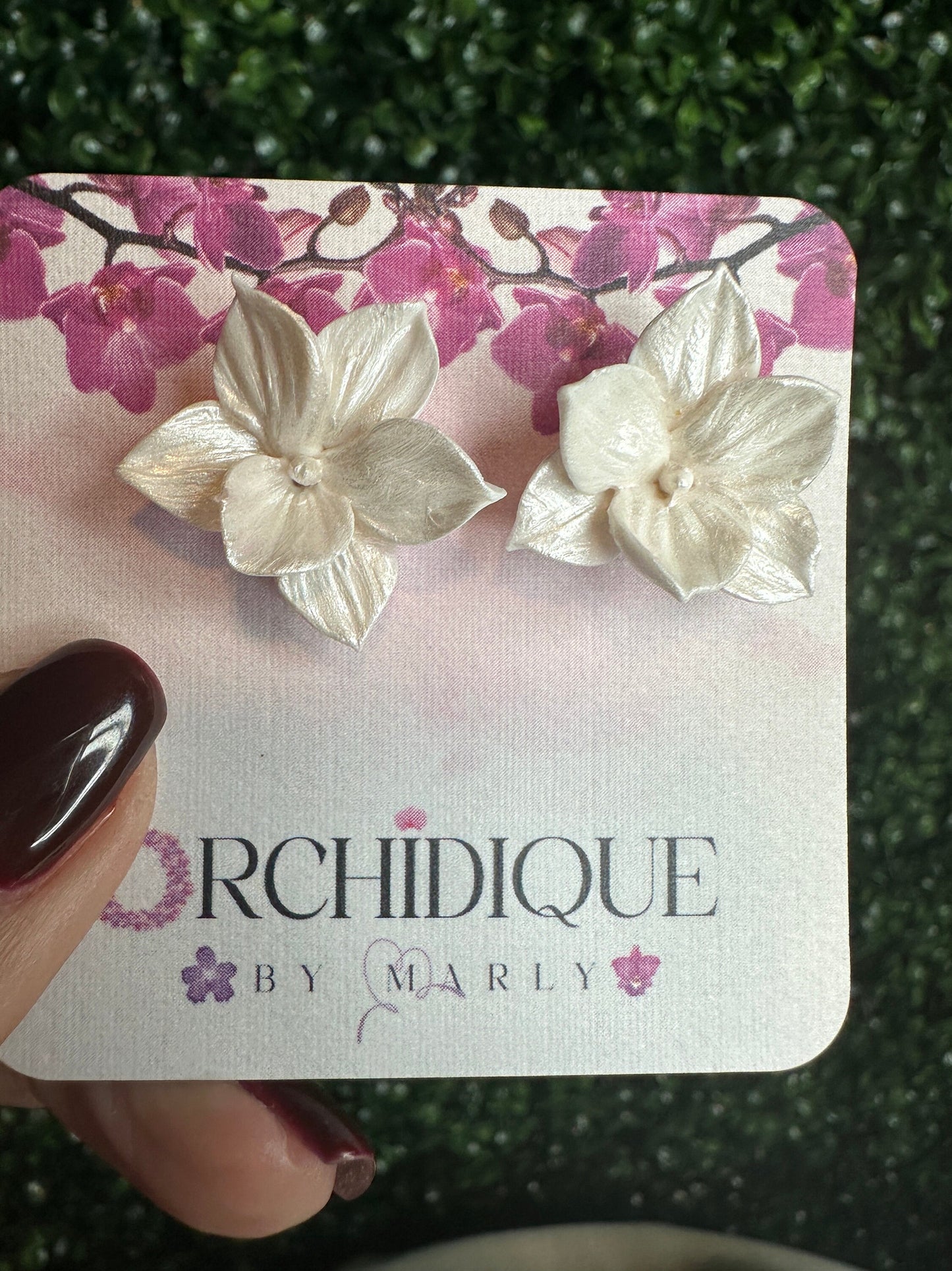 White Pearl Cattleya Orchid Studs • Unique Handmade Floral Earrings • Bridesmaid Gift• Flower Earrings