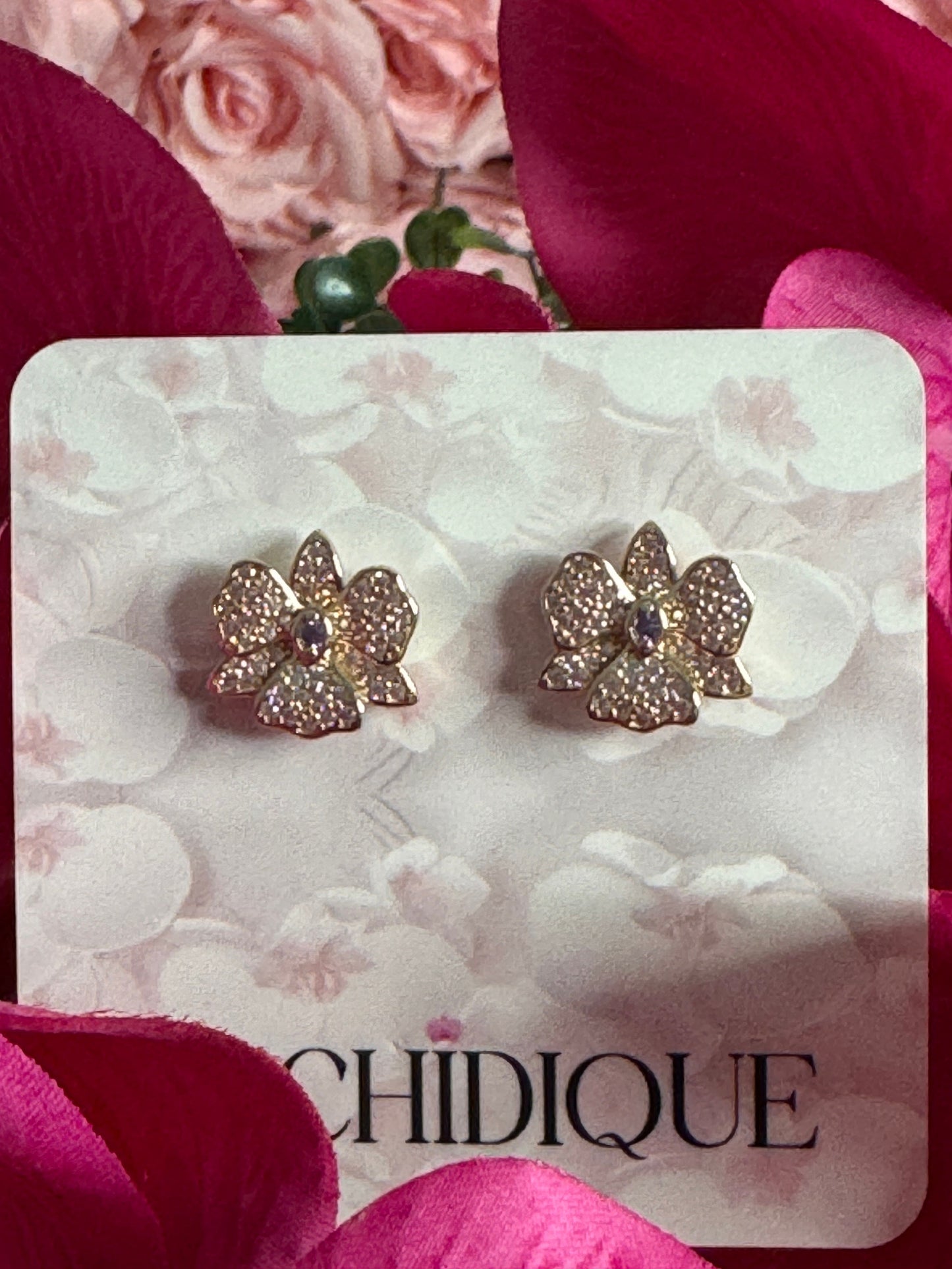 Rose Gold Dendrobium Orchid Earrings • Zircon Sparkle Jewelry • Rose Gold Flower Stud Earrings • Unique Flower Jewelry Gift - Orchidique