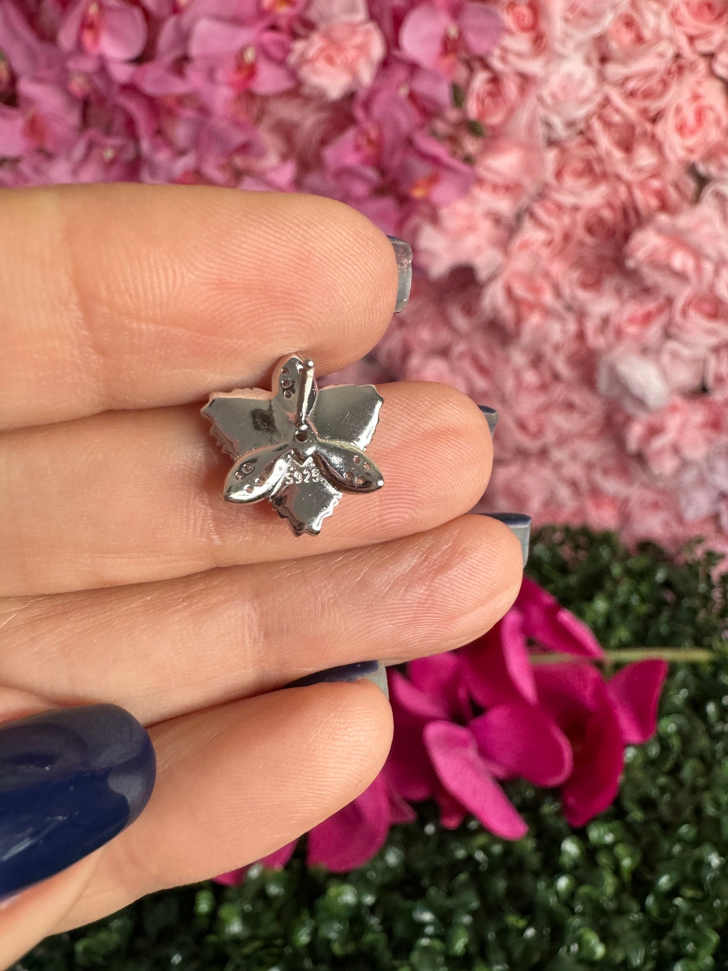 Queens Blue Mix Enamel: Gold Orchid Earrings • Orchid Flower Studs • Sterling Silver Cattleya Flower Studs • Flower Zircon Earrings