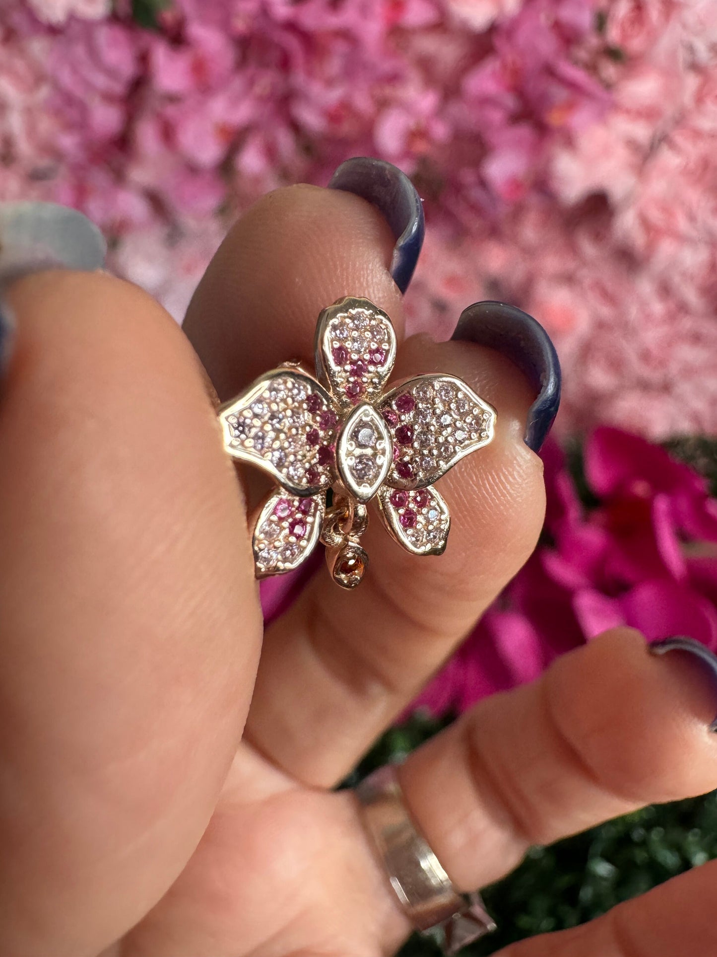 Rose Gold Zircon Saphire Cattleya Orchid Earrings • September Birthstone Jewelry • Flower Earrings • Floral Jewelry Gift for her