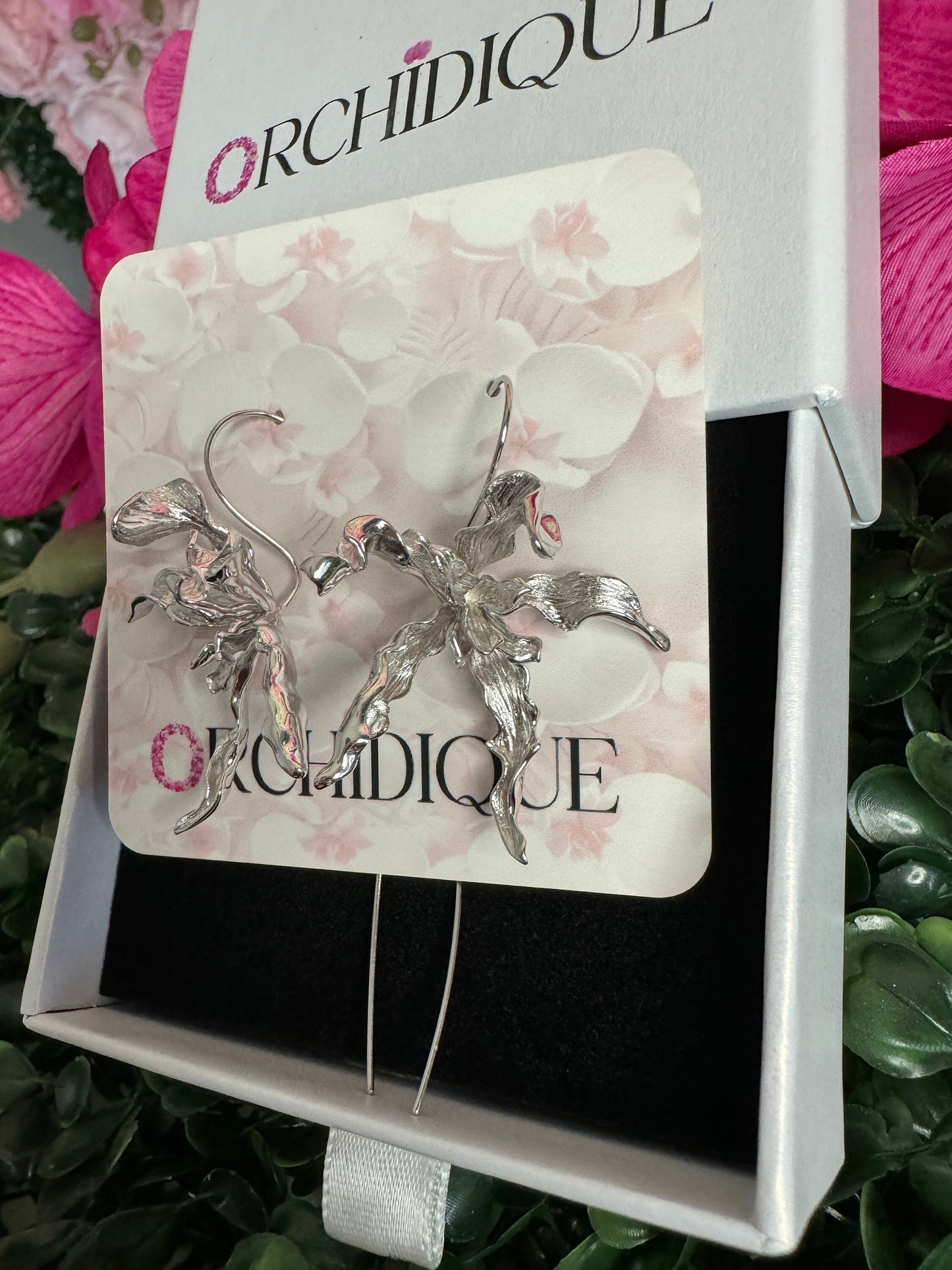 Meticulous: Schomburgkia Silver Orchid Flower Dangle Earrings • Flower Earrings • Sterling Silver Flower Jewelry