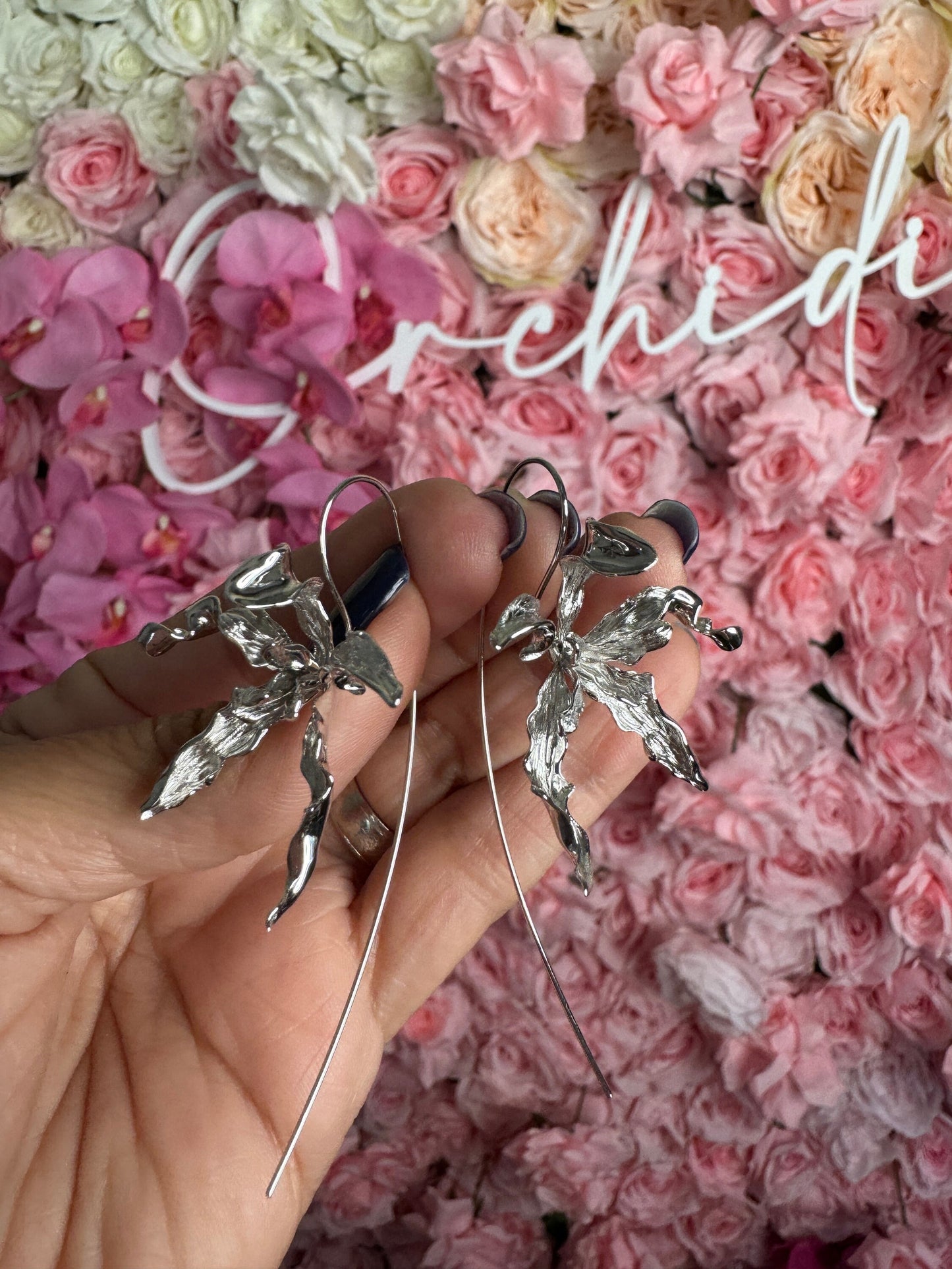 Meticulous: Schomburgkia Silver Orchid Flower Dangle Earrings • Flower Earrings • Sterling Silver Flower Jewelry