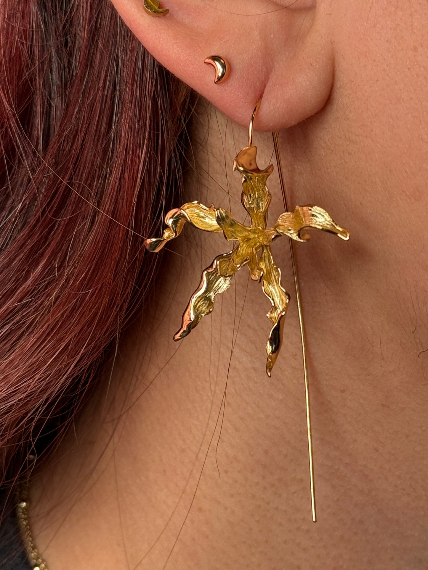 Meticulous: Schomburgkia Two Tone Orchid Flower Dangle Earrings • Flower Earrings • 14KGold- Sterling Silver Flower Jewelry