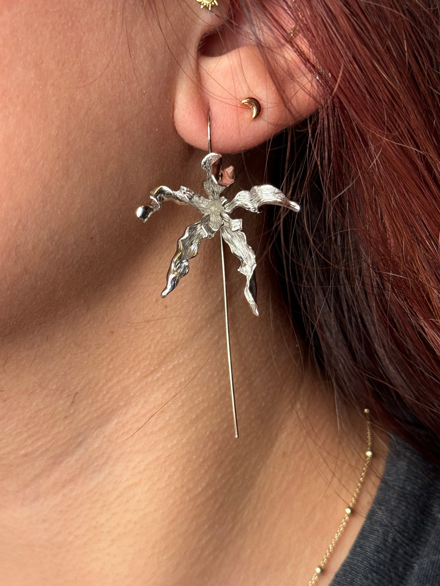 Meticulous: Schomburgkia Silver Orchid Flower Dangle Earrings • Flower Earrings • Sterling Silver Flower Jewelry