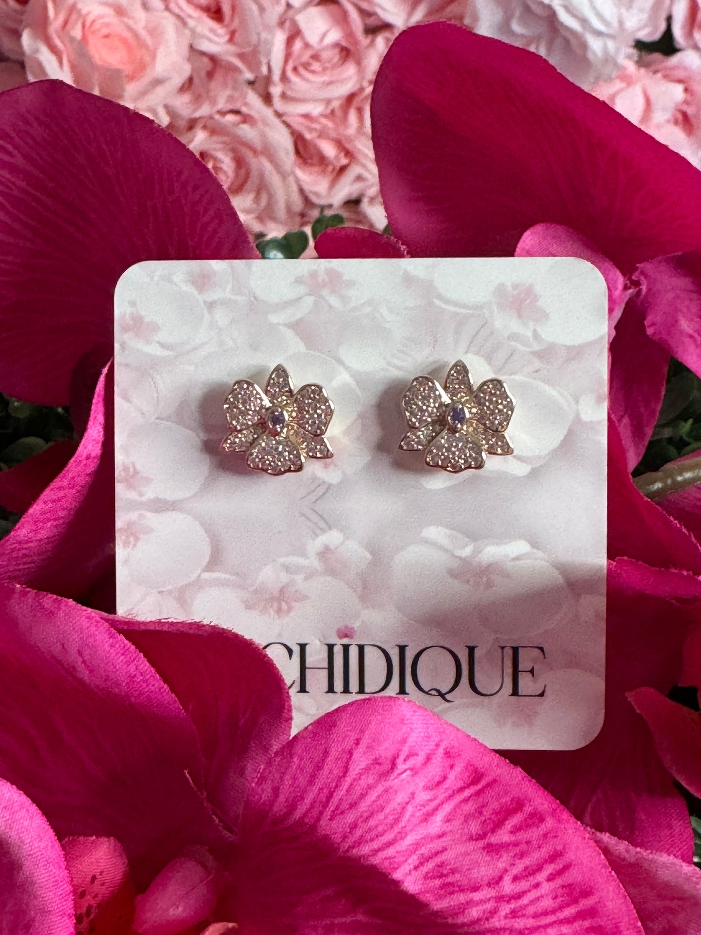 Rose Gold Dendrobium Orchid Earrings • Zircon Sparkle Jewelry • Rose Gold Flower Stud Earrings • Unique Flower Jewelry Gift - Orchidique
