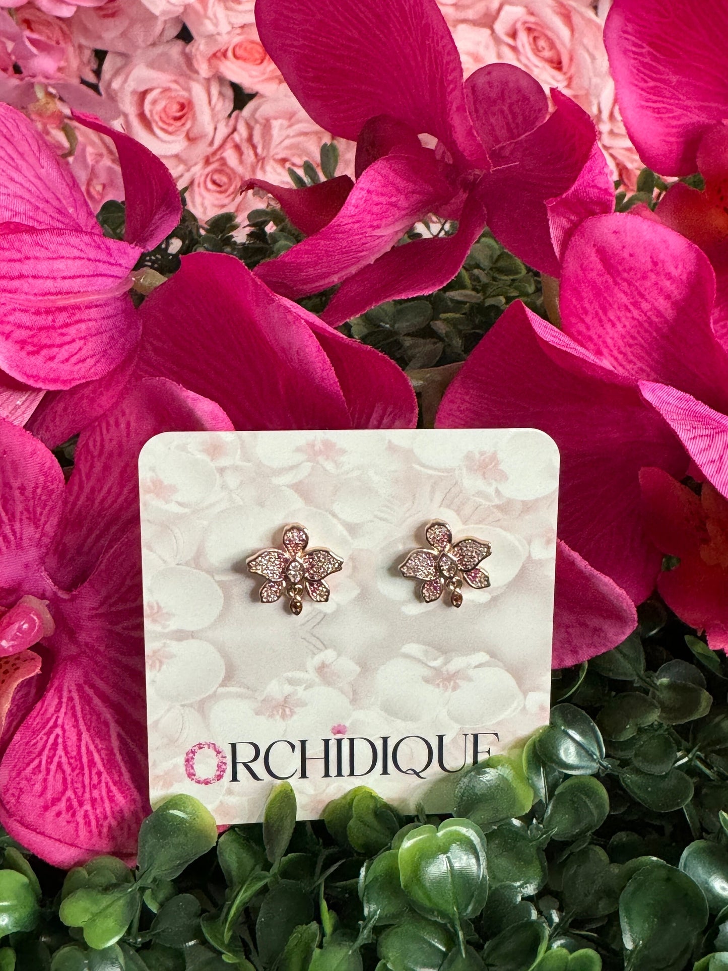 Rose Gold Zircon Saphire Cattleya Orchid Earrings • September Birthstone Jewelry • Flower Earrings • Floral Jewelry Gift for her