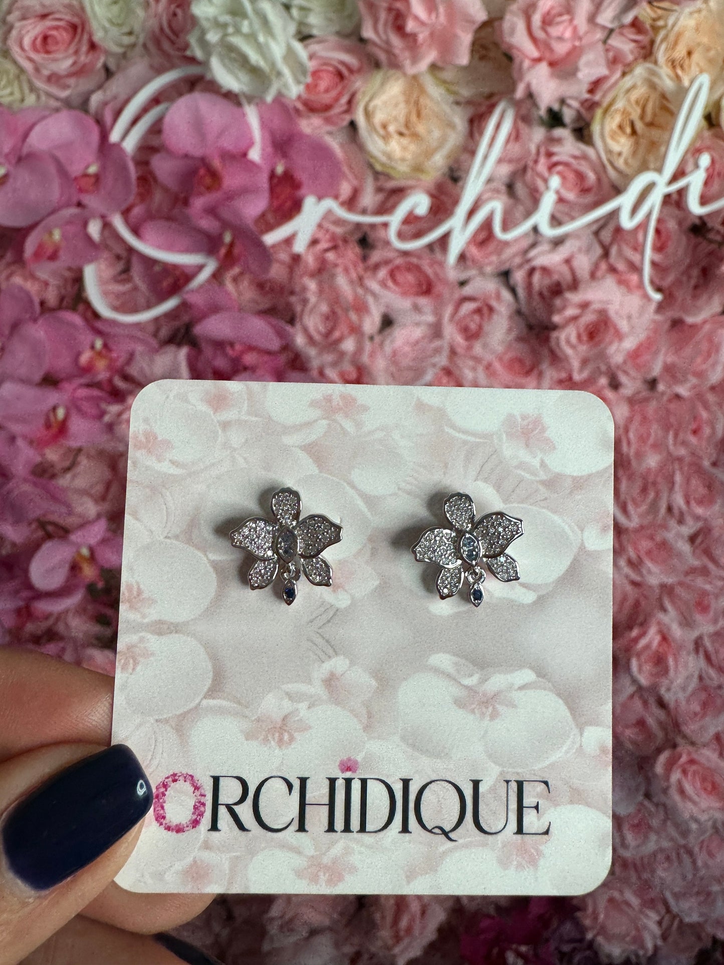 Queens: White Gold Orchid Earrinngs • Cattleya Flower Orchid Earrings • Cubic Zircon Studs • Floral Jewelry Gift for her