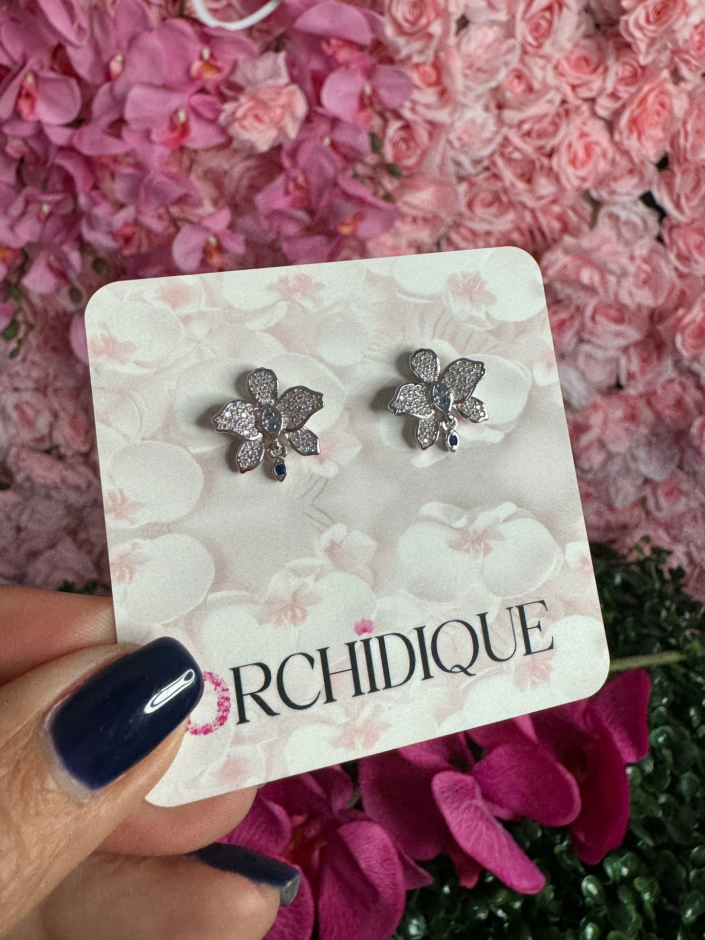 Queens: White Gold Orchid Earrinngs • Cattleya Flower Orchid Earrings • Cubic Zircon Studs • Floral Jewelry Gift for her