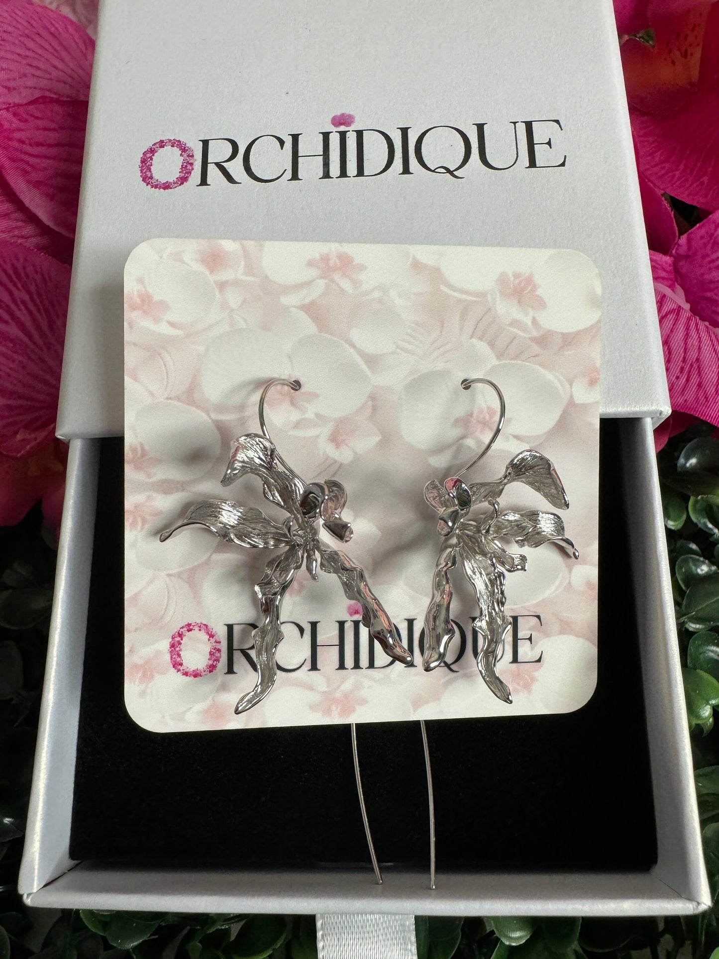 Meticulous: Schomburgkia Silver Orchid Flower Dangle Earrings • Flower Earrings • Sterling Silver Flower Jewelry