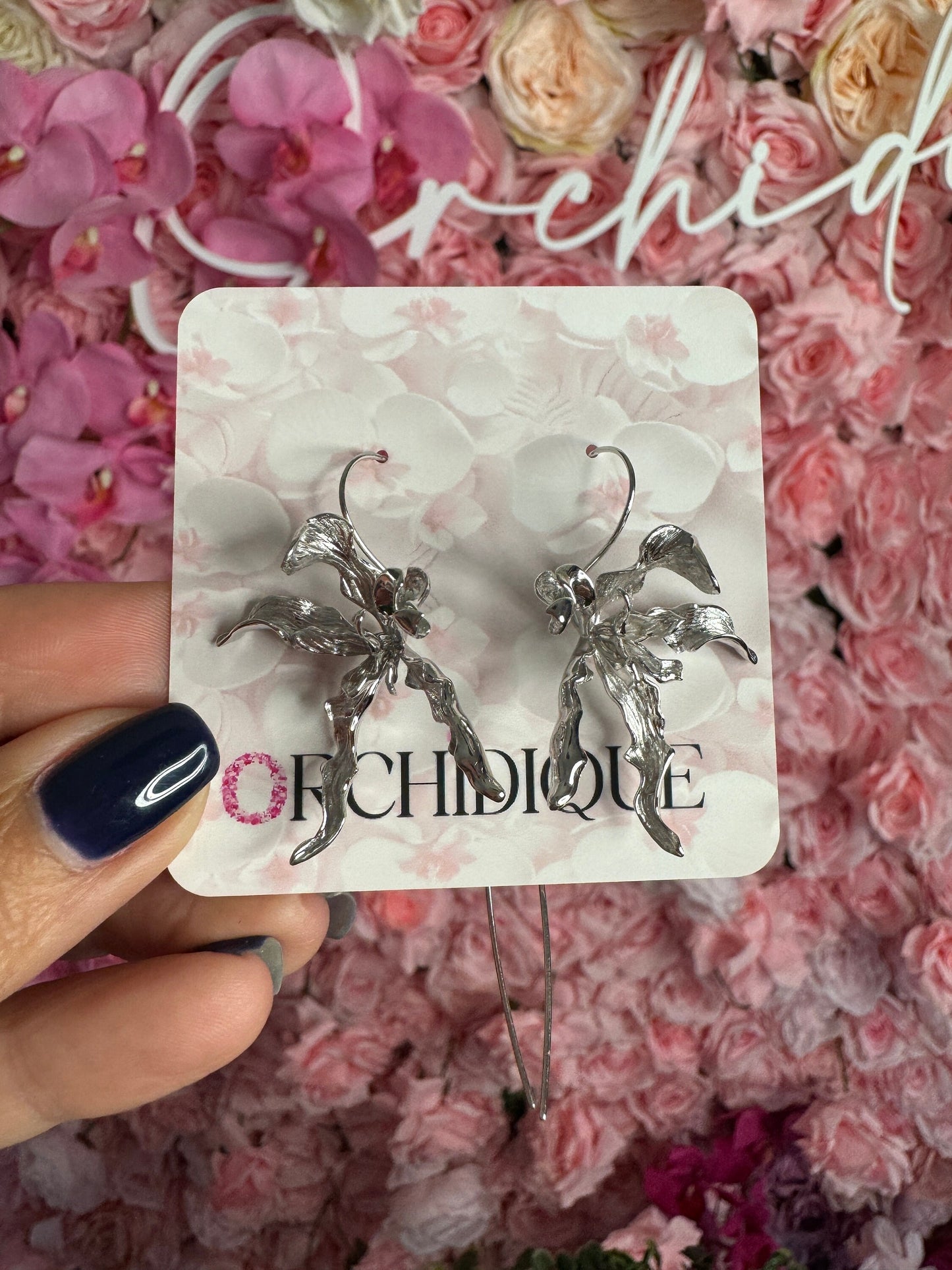 Meticulous: Schomburgkia Silver Orchid Flower Dangle Earrings • Flower Earrings • Sterling Silver Flower Jewelry