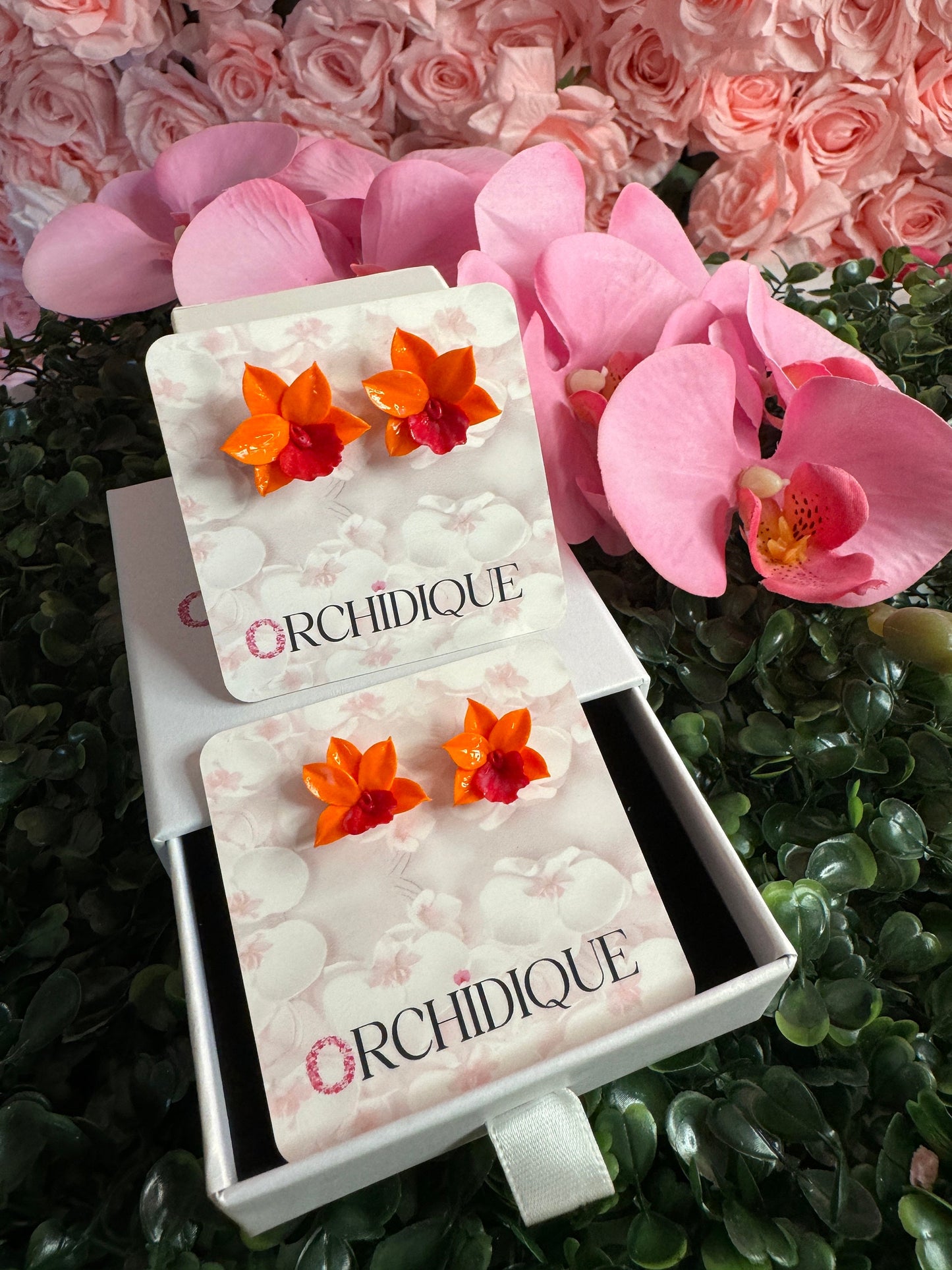 Orchid Oasis: Orange Cattleya Orchid Earrings • Unique Handmade Floral Jewelry • Bridesmaid Gift• Flower Earrings - Orchidique