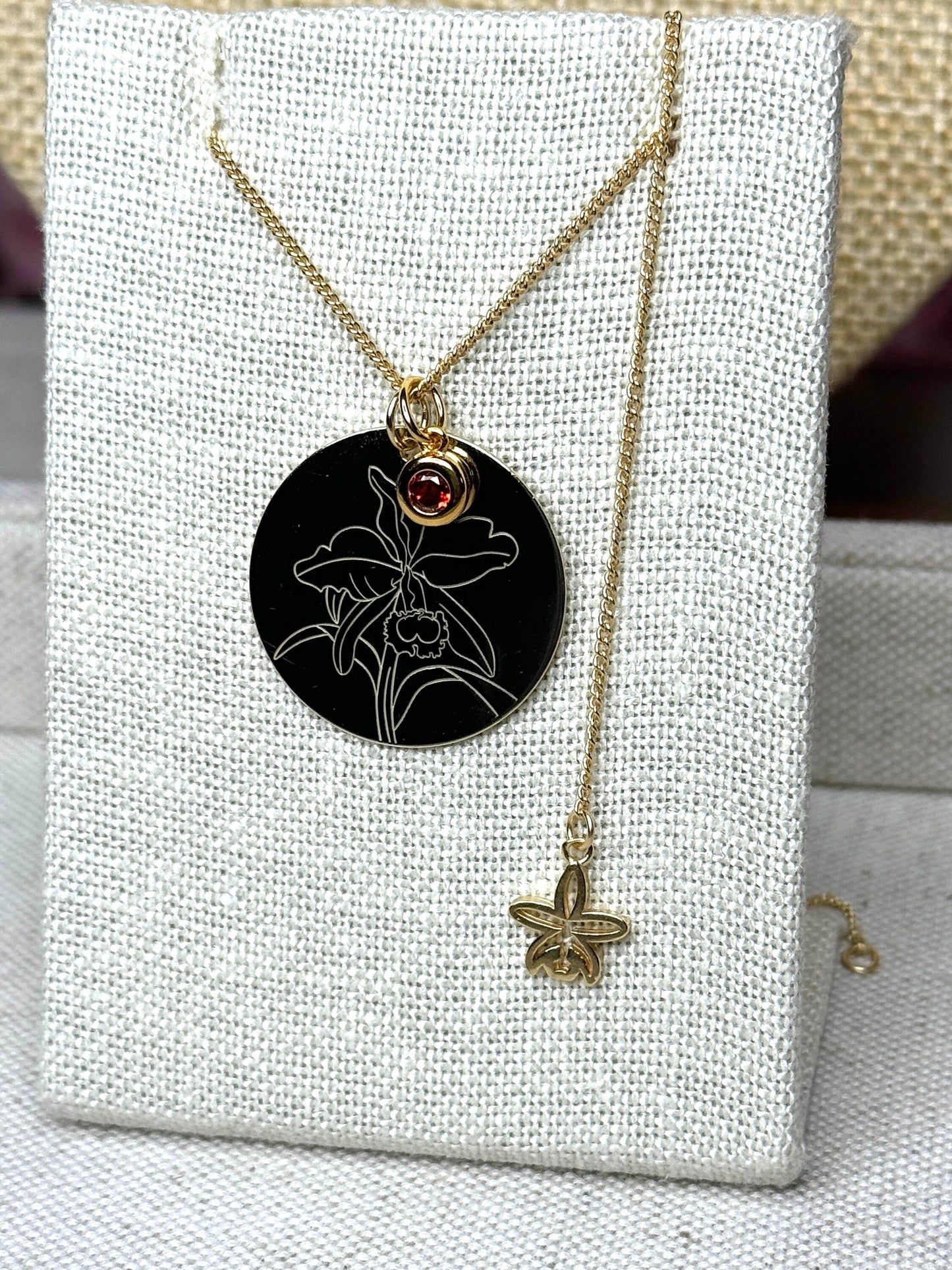 Gold Cattleya Disc Orchid and Birthstone Necklace Set • 14k Gold Plated Orchid Charm • Flower Pendant Necklace • Adjustable S925 Necklace