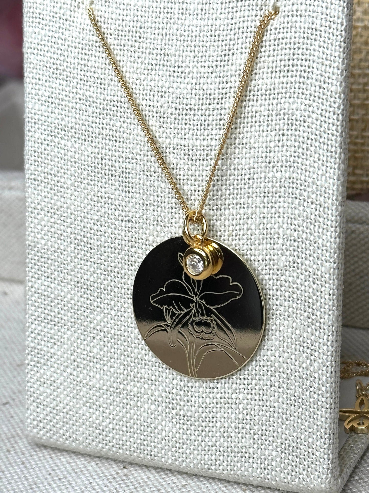 Gold Cattleya Disc Orchid and Birthstone Necklace Set • 14k Gold Plated Orchid Charm • Flower Pendant Necklace • Adjustable S925 Necklace