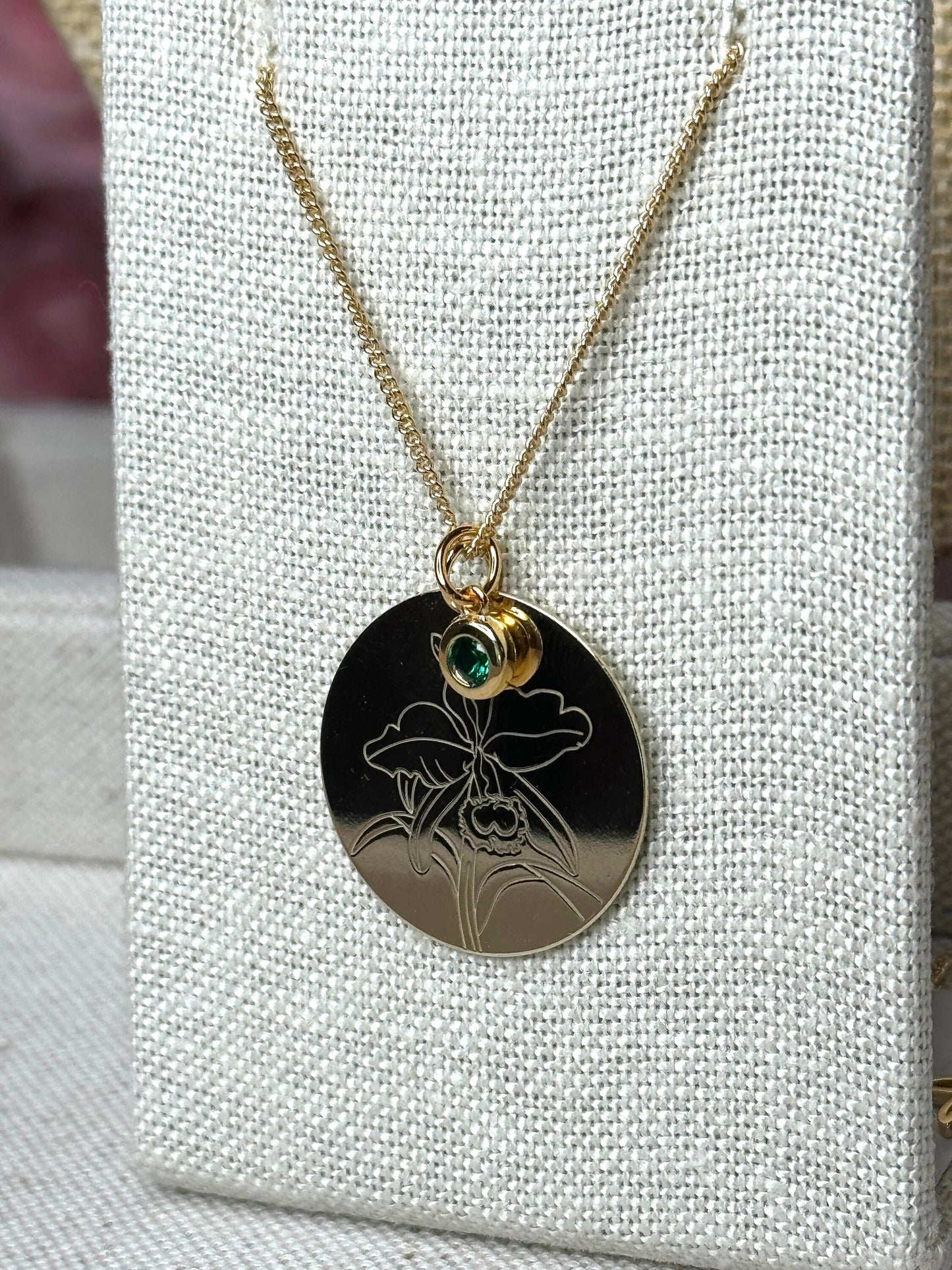 Gold Cattleya Disc Orchid and Birthstone Necklace Set • 14k Gold Plated Orchid Charm • Flower Pendant Necklace • Adjustable S925 Necklace