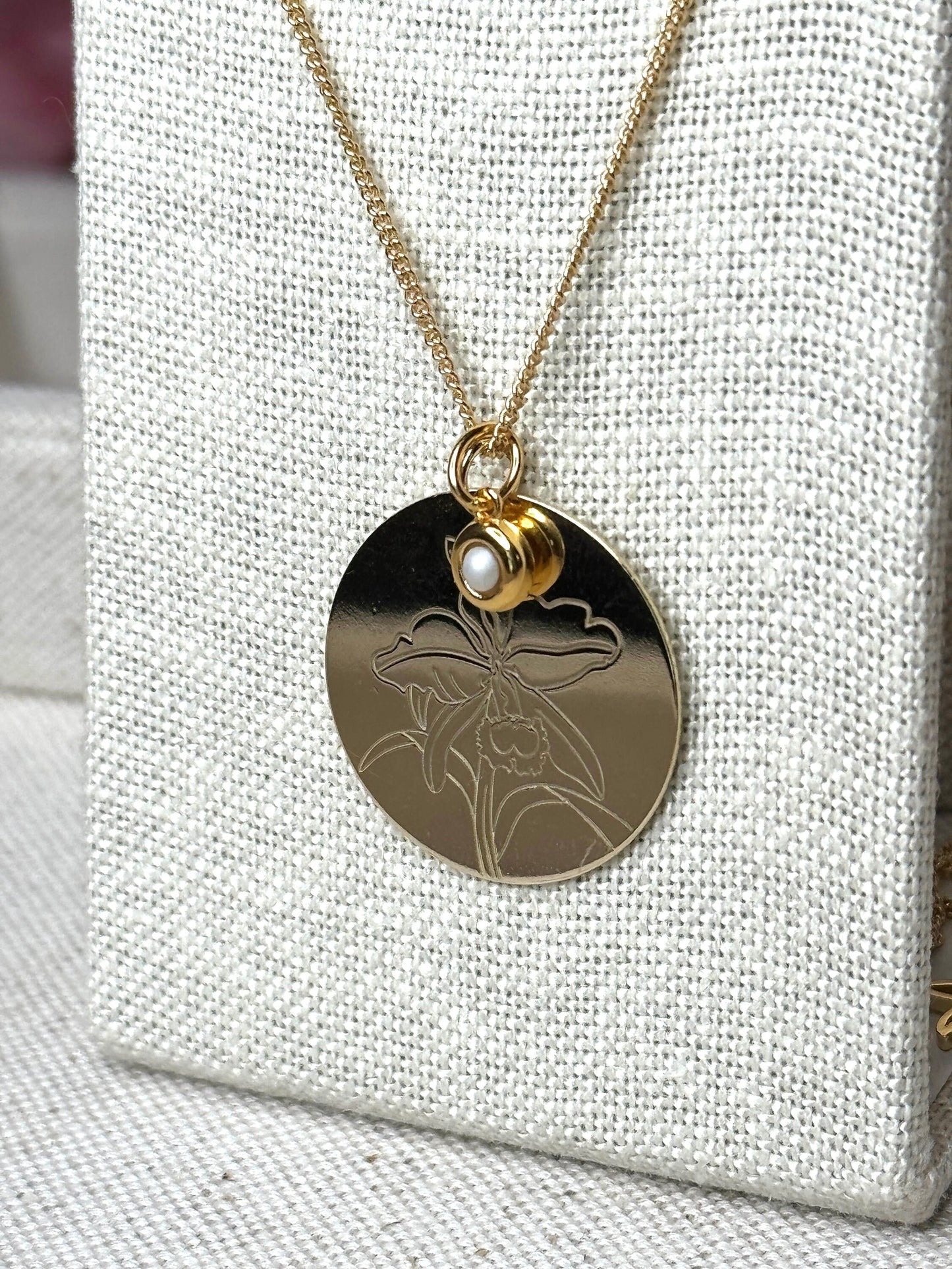 Gold Cattleya Disc Orchid and Birthstone Necklace Set • 14k Gold Plated Orchid Charm • Flower Pendant Necklace • Adjustable S925 Necklace
