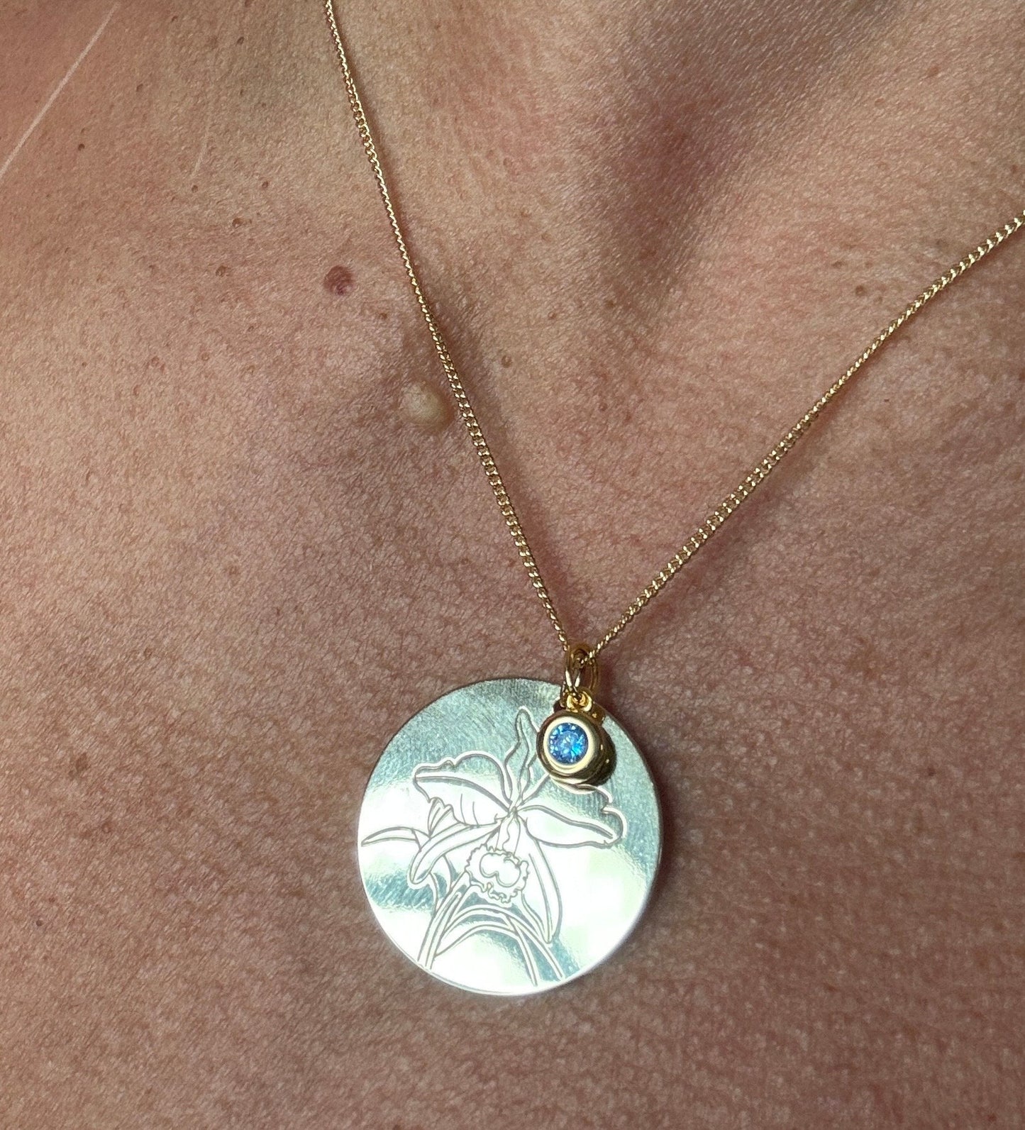 Gold Cattleya Disc Orchid and Birthstone Necklace Set • 14k Gold Plated Orchid Charm • Flower Pendant Necklace • Adjustable S925 Necklace