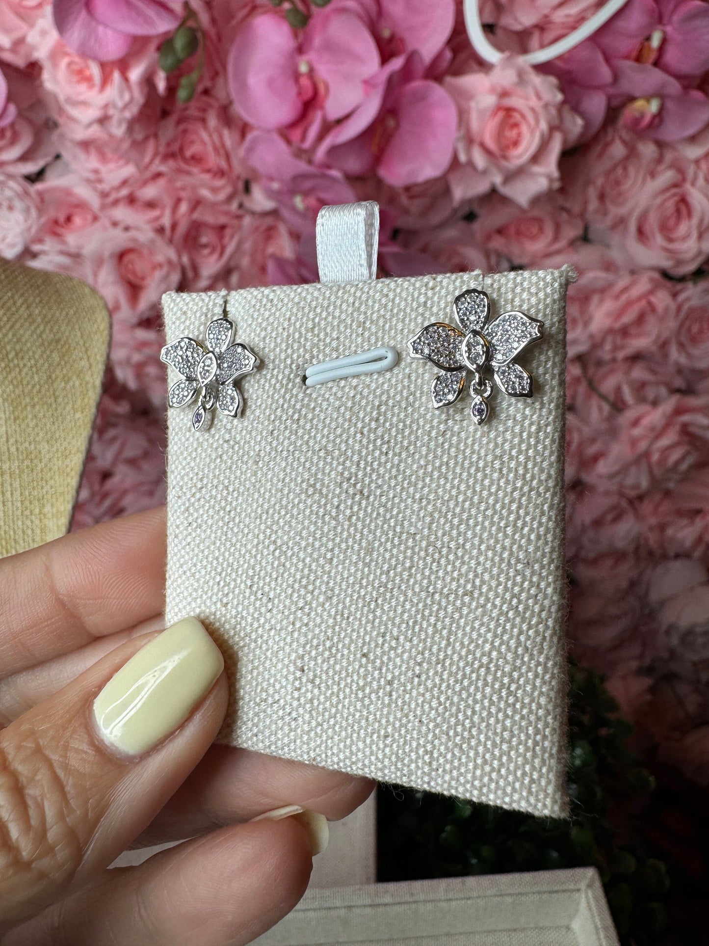 Queens: White Gold Orchid Earrings • Cattleya Flower Orchid Earrings • Clear Cubic Zircon Studs • Floral Jewelry Gift for her