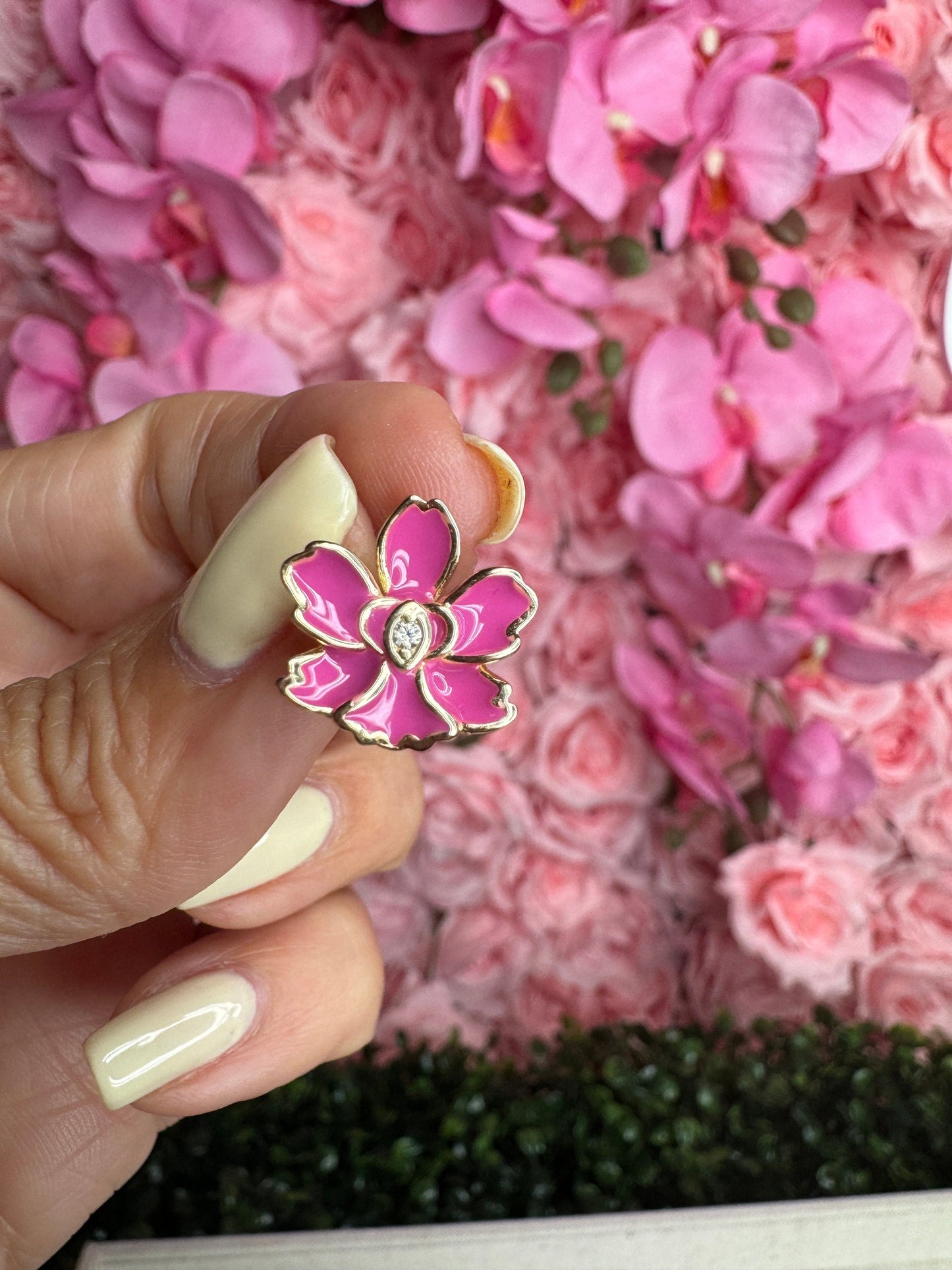 Vanda Pink Joaquim Orchid- Inspired Earrings β’ White Orchid Enamel with Cubic Zircon β’ Gold Stud Earrings β’ Orchid Earrings