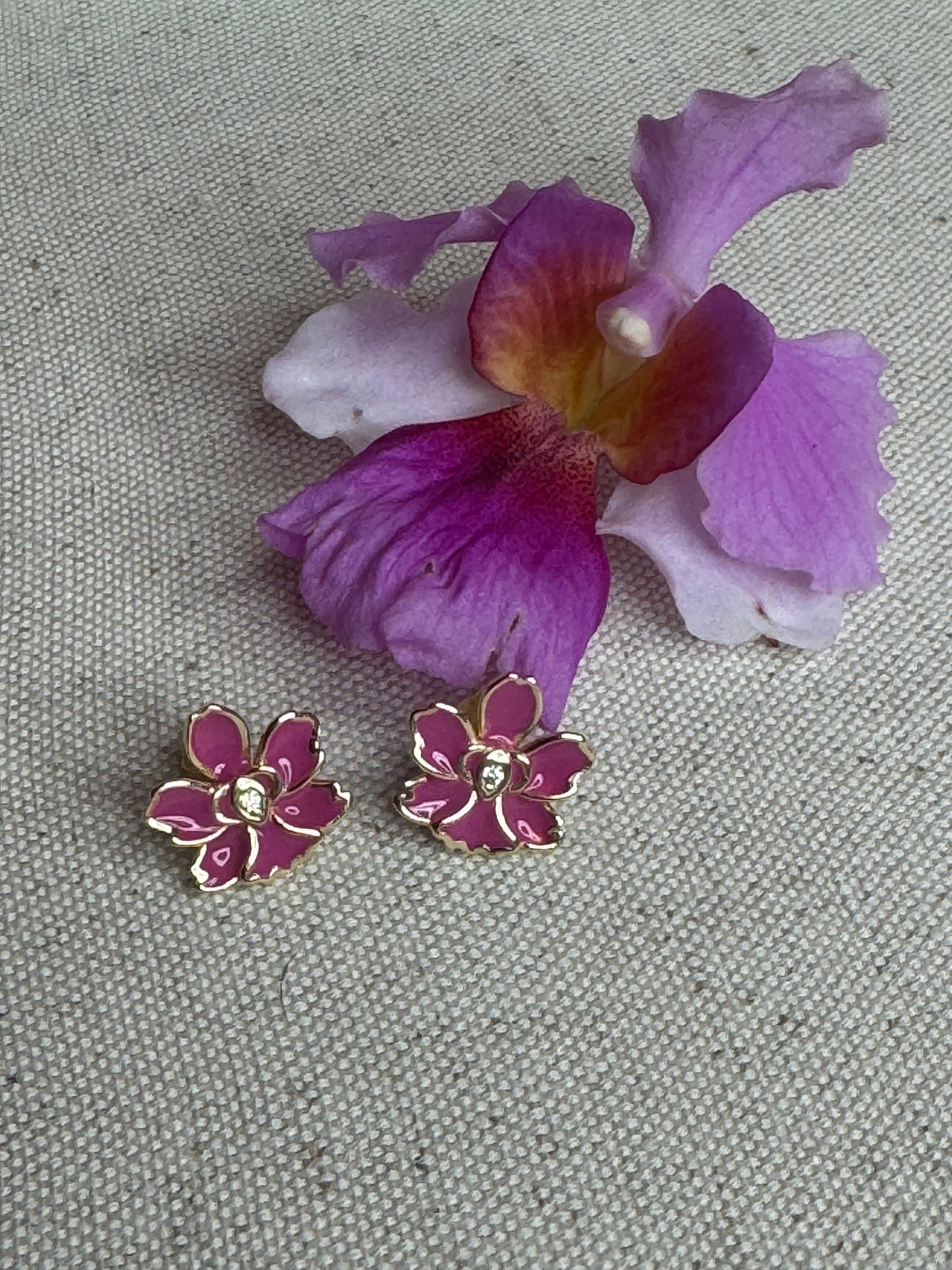 Vanda Pink Joaquim Orchid- Inspired Earrings β’ White Orchid Enamel with Cubic Zircon β’ Gold Stud Earrings β’ Orchid Earrings