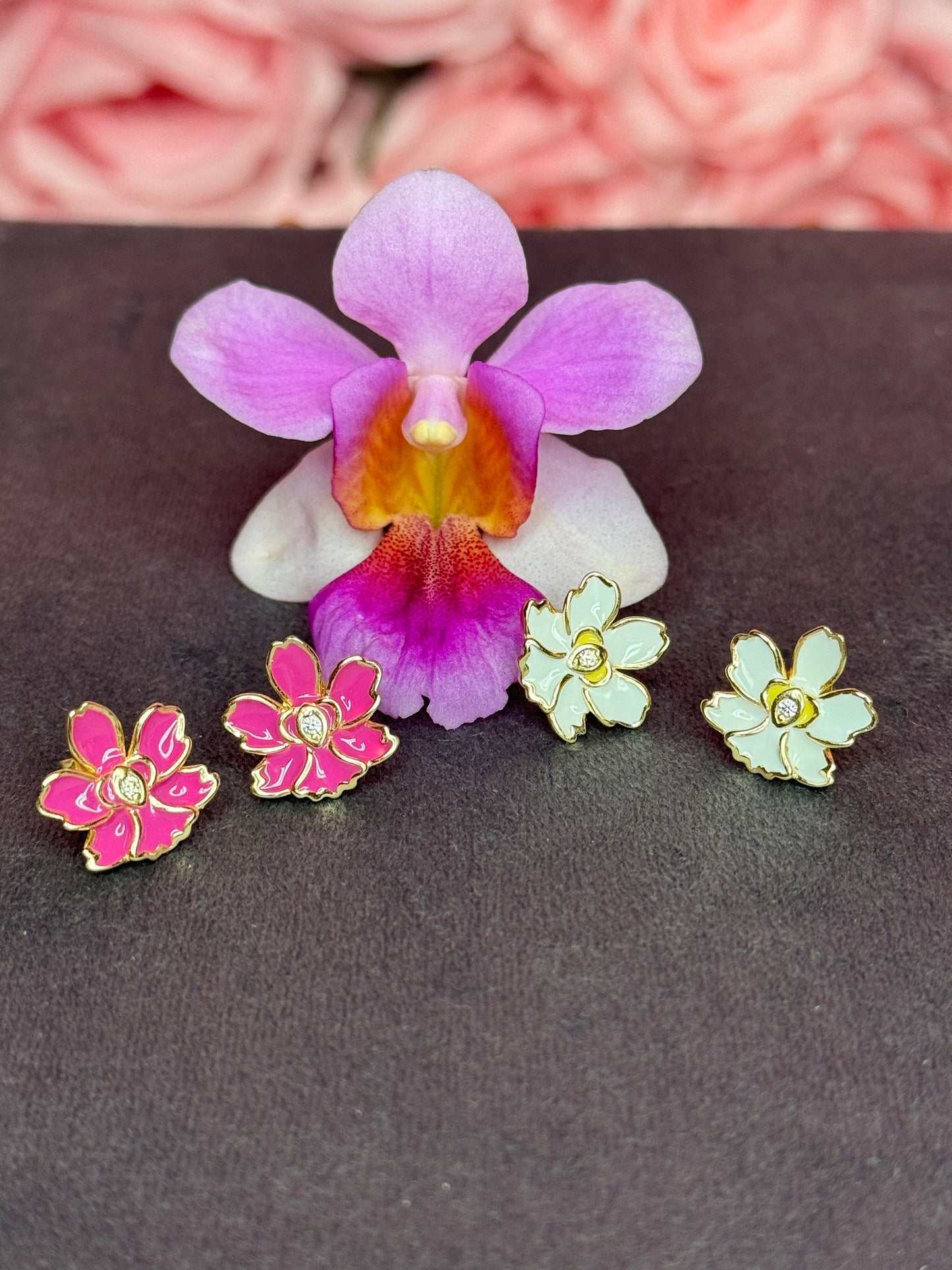 Vanda Pink Joaquim Orchid- Inspired Earrings β’ White Orchid Enamel with Cubic Zircon β’ Gold Stud Earrings β’ Orchid Earrings