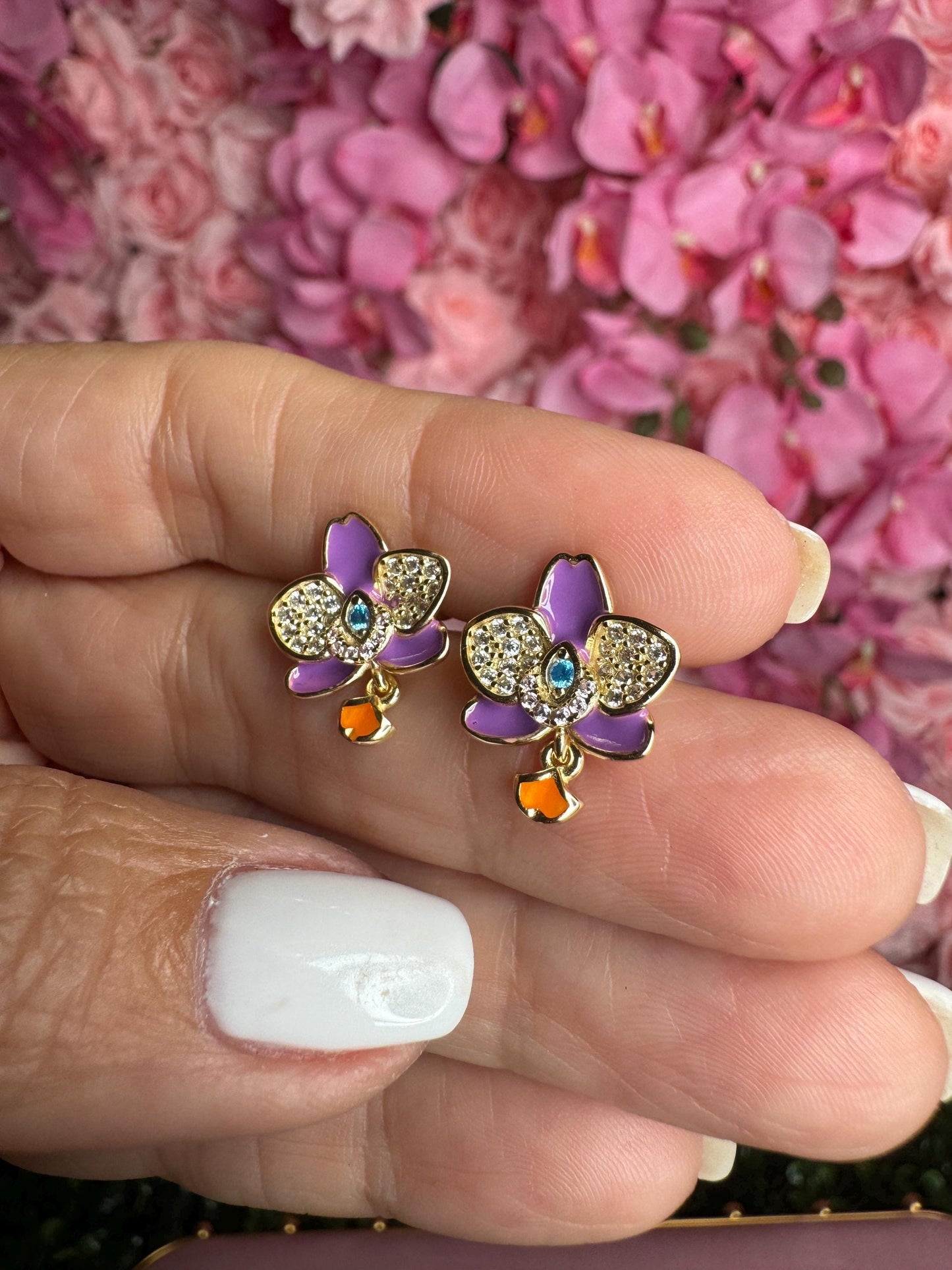 Purple Zircon Gold Orchid Stud Earrings –Inspired by my “Cutie” flower :Novelty Phalaenopsis Orchid Flower Earrings • 14K Gold Plated Studs