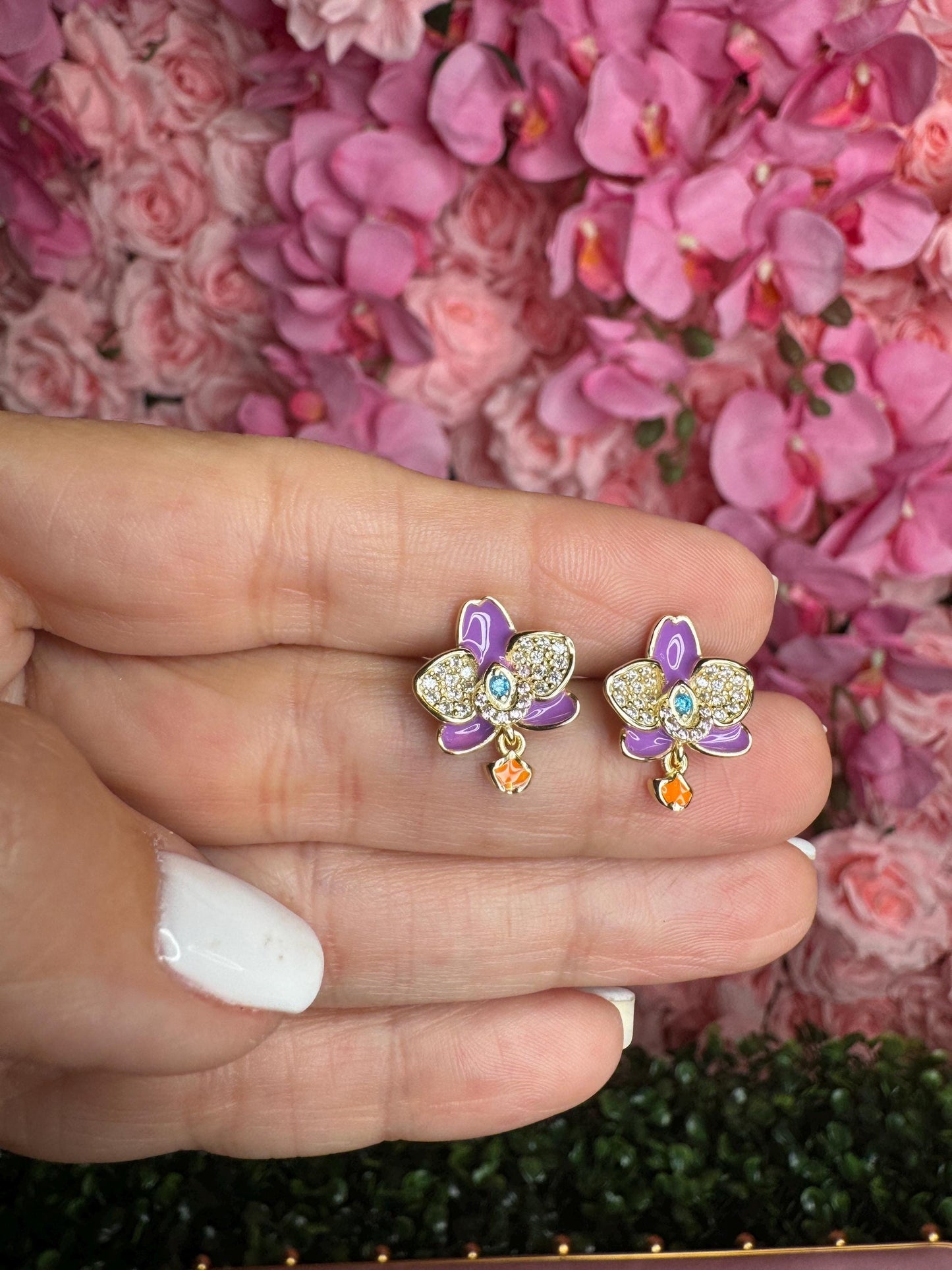 Purple Zircon Gold Orchid Stud Earrings –Inspired by my “Cutie” flower :Novelty Phalaenopsis Orchid Flower Earrings • 14K Gold Plated Studs