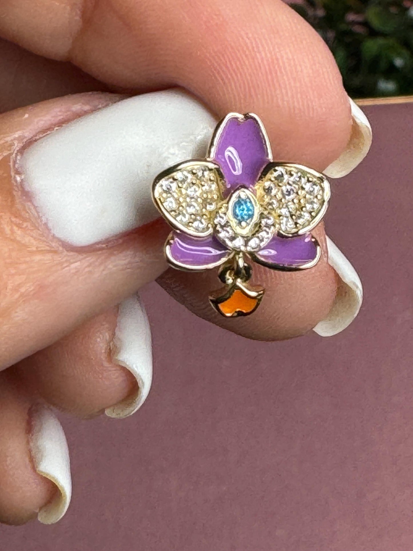 Purple Zircon Gold Orchid Stud Earrings –Inspired by my “Cutie” flower :Novelty Phalaenopsis Orchid Flower Earrings • 14K Gold Plated Studs