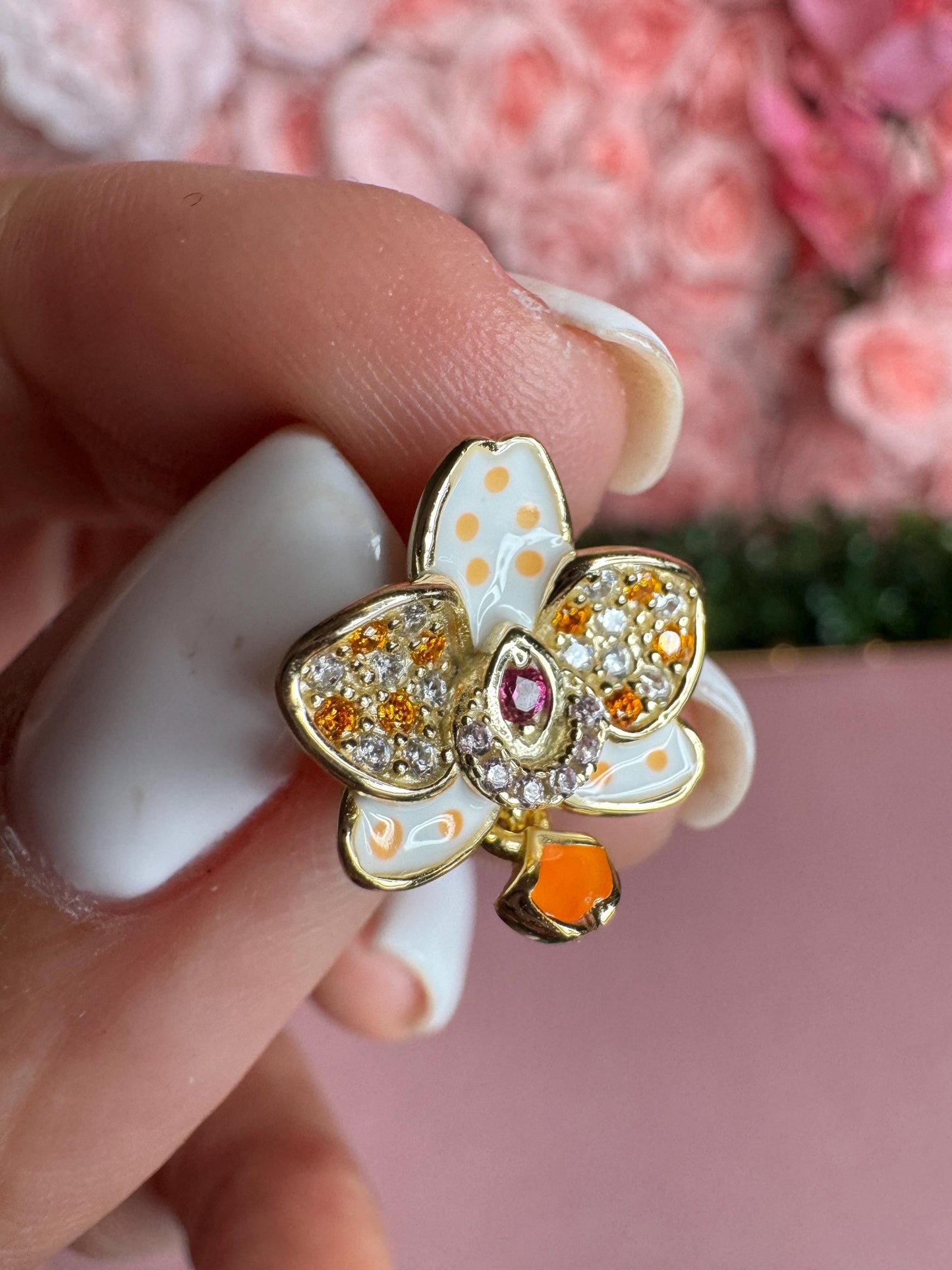 Mini M Gold Orchid Stud Earrings –Inspired by my “Mini Mark” bloom • Novelty Phalaenopsis Orchid Flower Earrings • Gold Flowers Zircon Studs