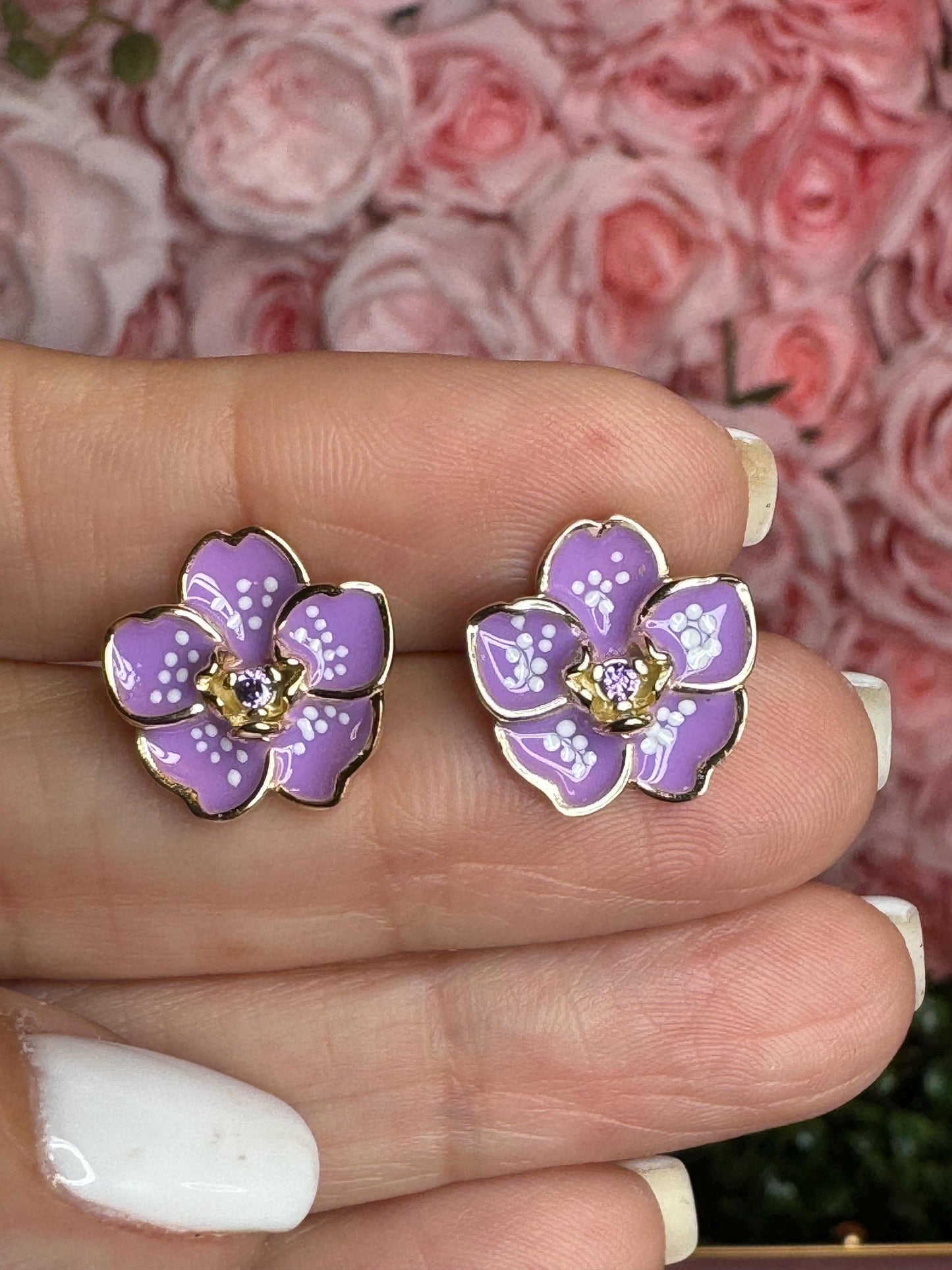 Purple Spotted Thai Vanda: Sterling Silver Vanda Orchid Flower Earrings • Gold Orchid Flower Vanda Cubic Zirconia Studs • Orchid Earrings