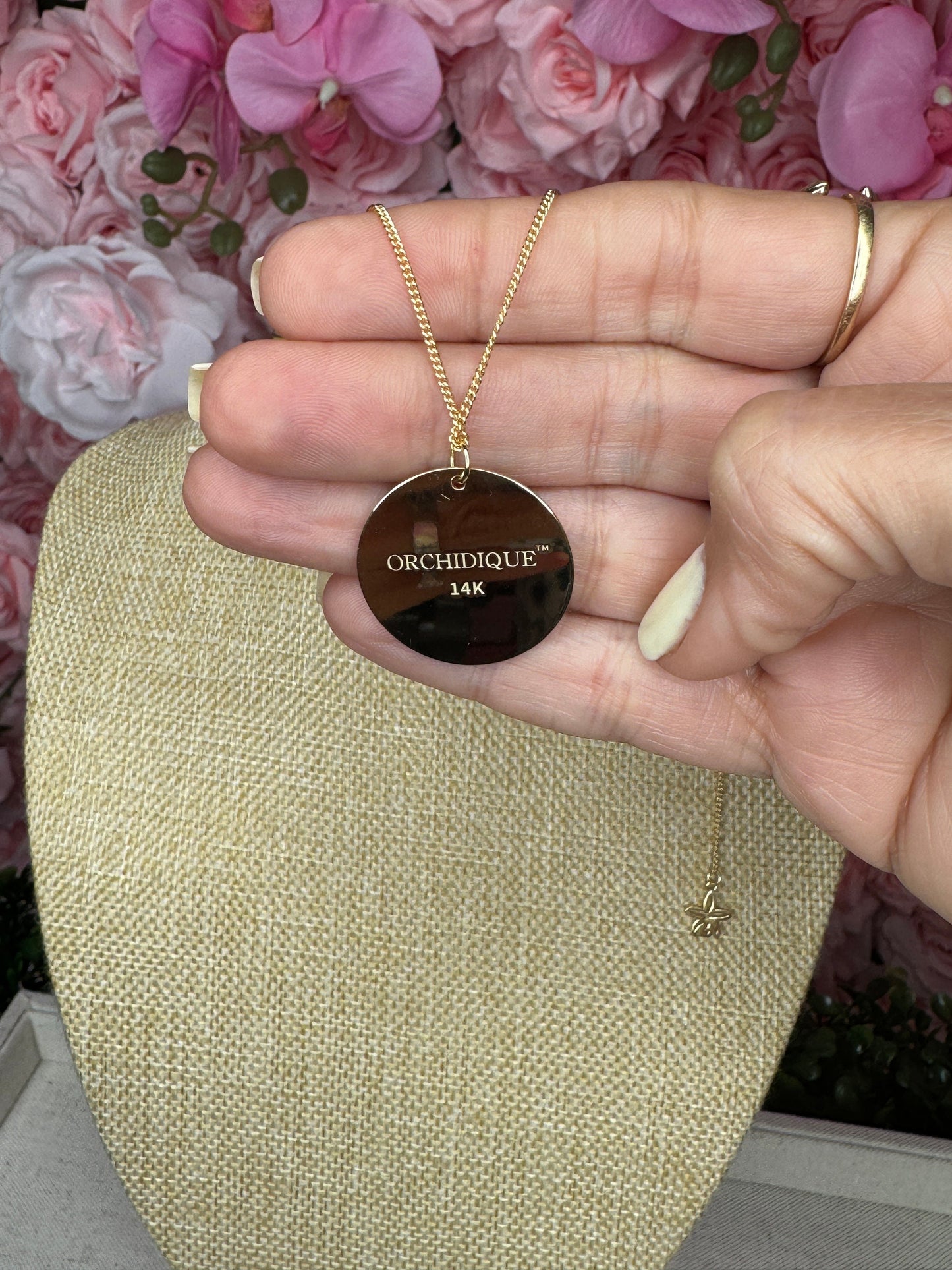 Gold Cattleya Disc Orchid and Birthstone Necklace Set • 14k Gold Plated Orchid Charm • Flower Pendant Necklace • Adjustable S925 Necklace