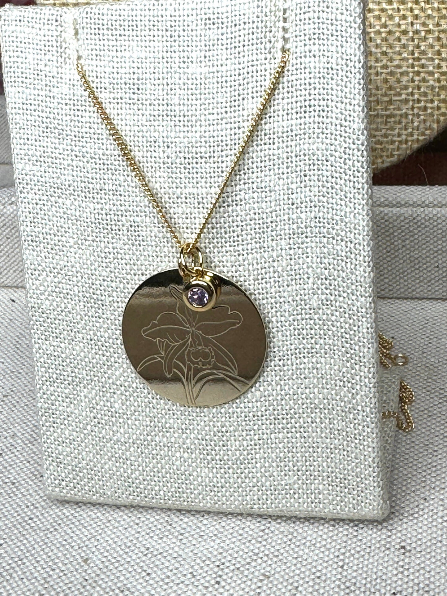 Gold Cattleya Disc Orchid and Birthstone Necklace Set • 14k Gold Plated Orchid Charm • Flower Pendant Necklace • Adjustable S925 Necklace